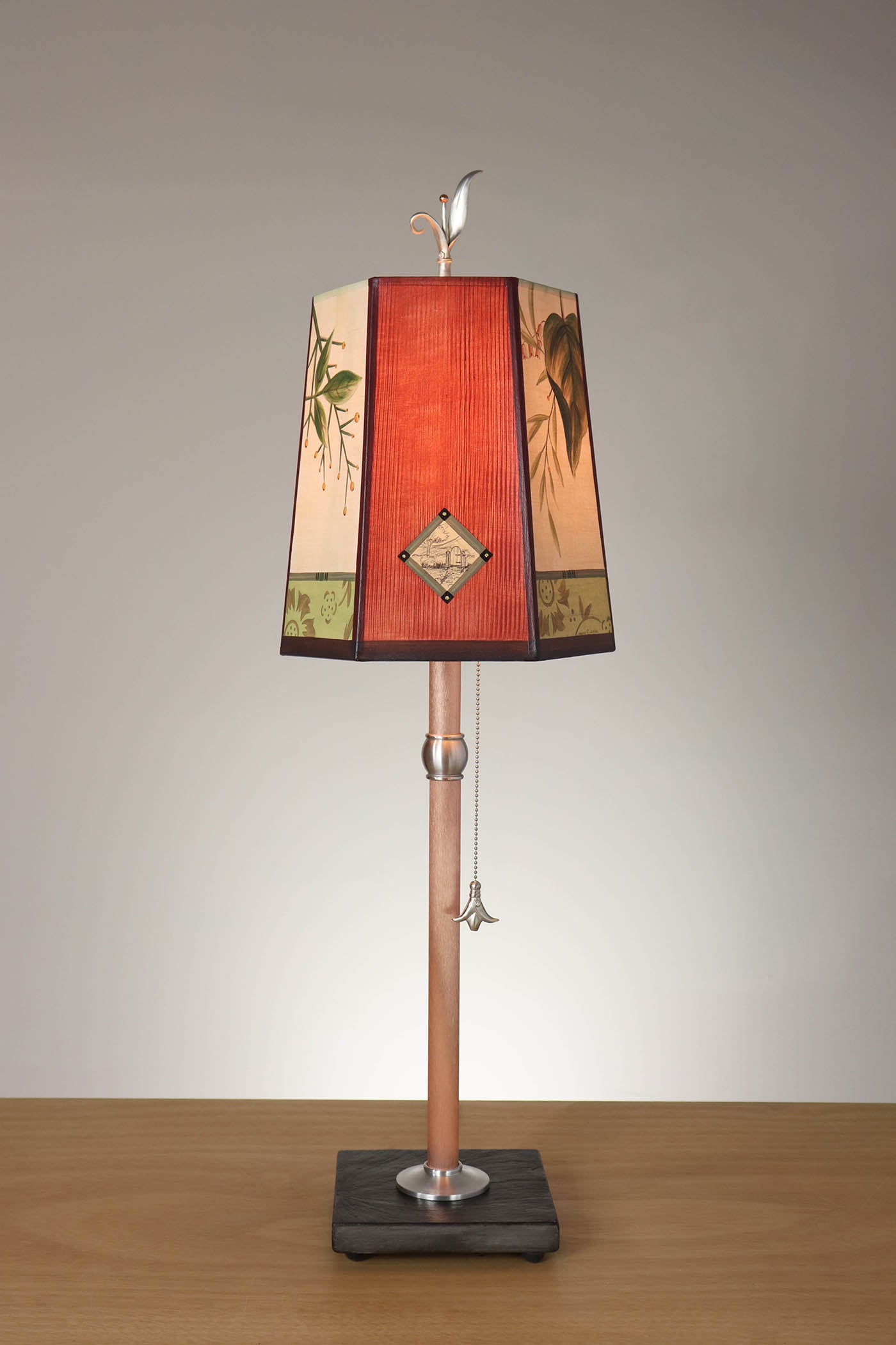 Janna Ugone & Co Table Lamp Copper Table Lamp with Small Hexagon Shade in Leaf Portrait Gate in Redwood