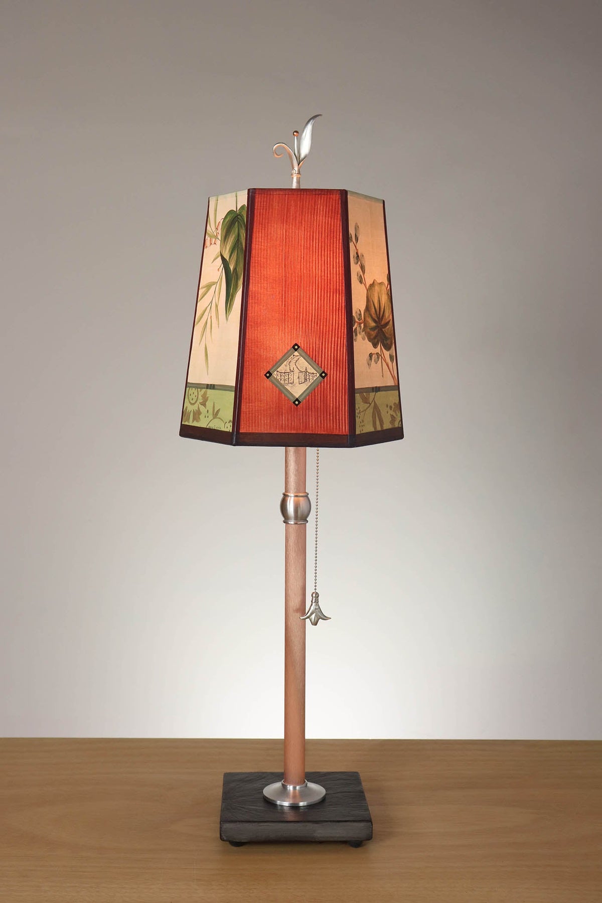 Janna Ugone &amp; Co Table Lamp Copper Table Lamp with Small Hexagon Shade in Leaf Portrait Gate in Redwood