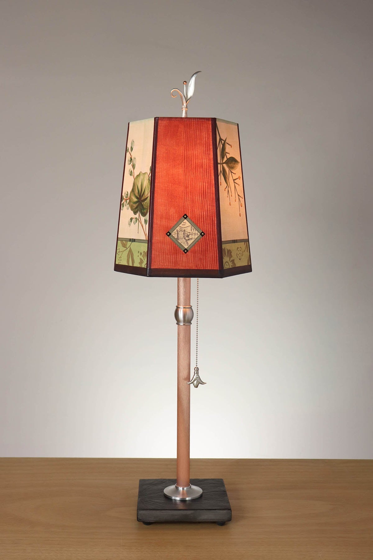 Janna Ugone &amp; Co Table Lamp Copper Table Lamp with Small Hexagon Shade in Leaf Portrait Gate in Redwood