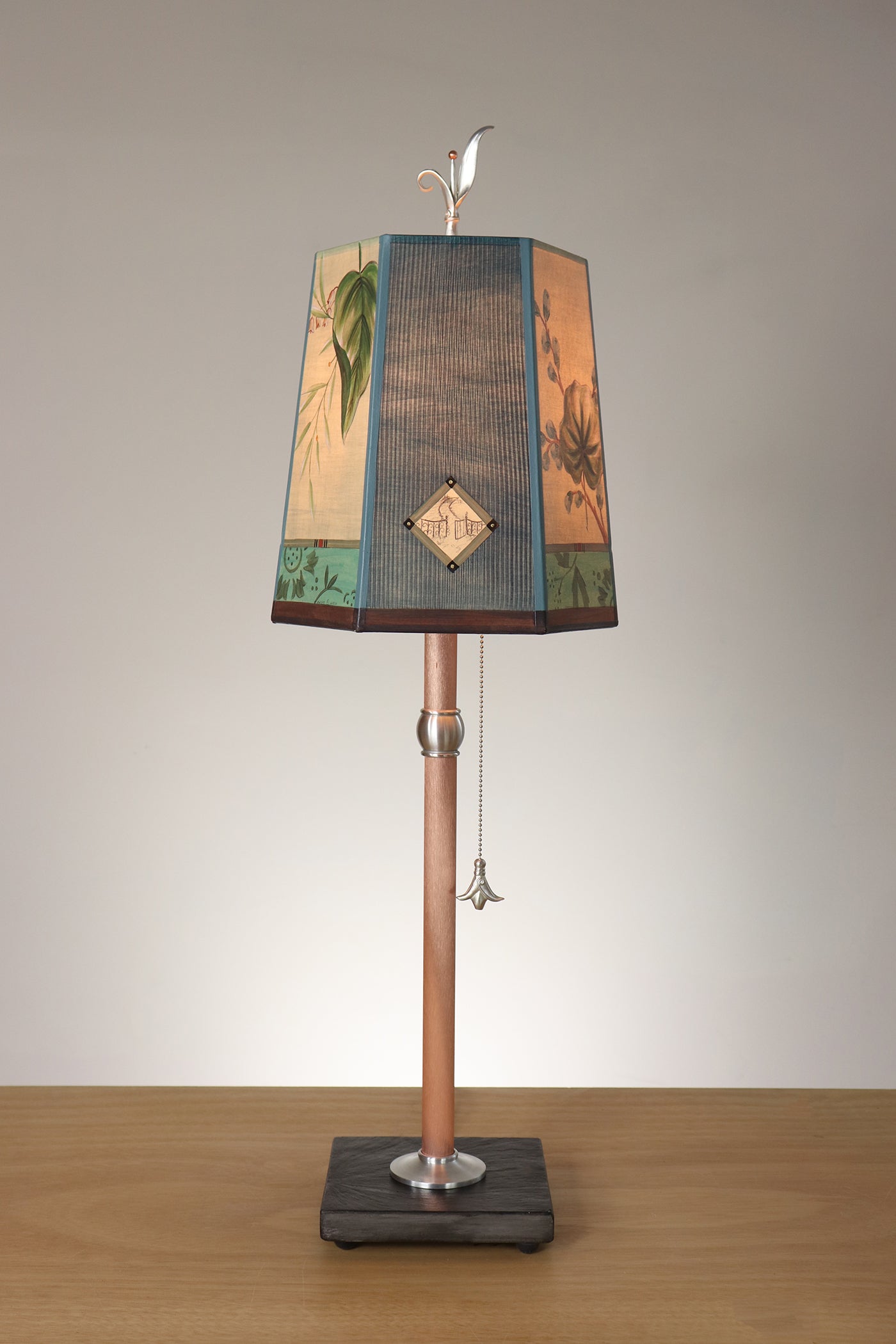 Janna Ugone & Co Table Lamp Copper Table Lamp with Small Hexagon Shade in Leaf Portrait Gate in Teal