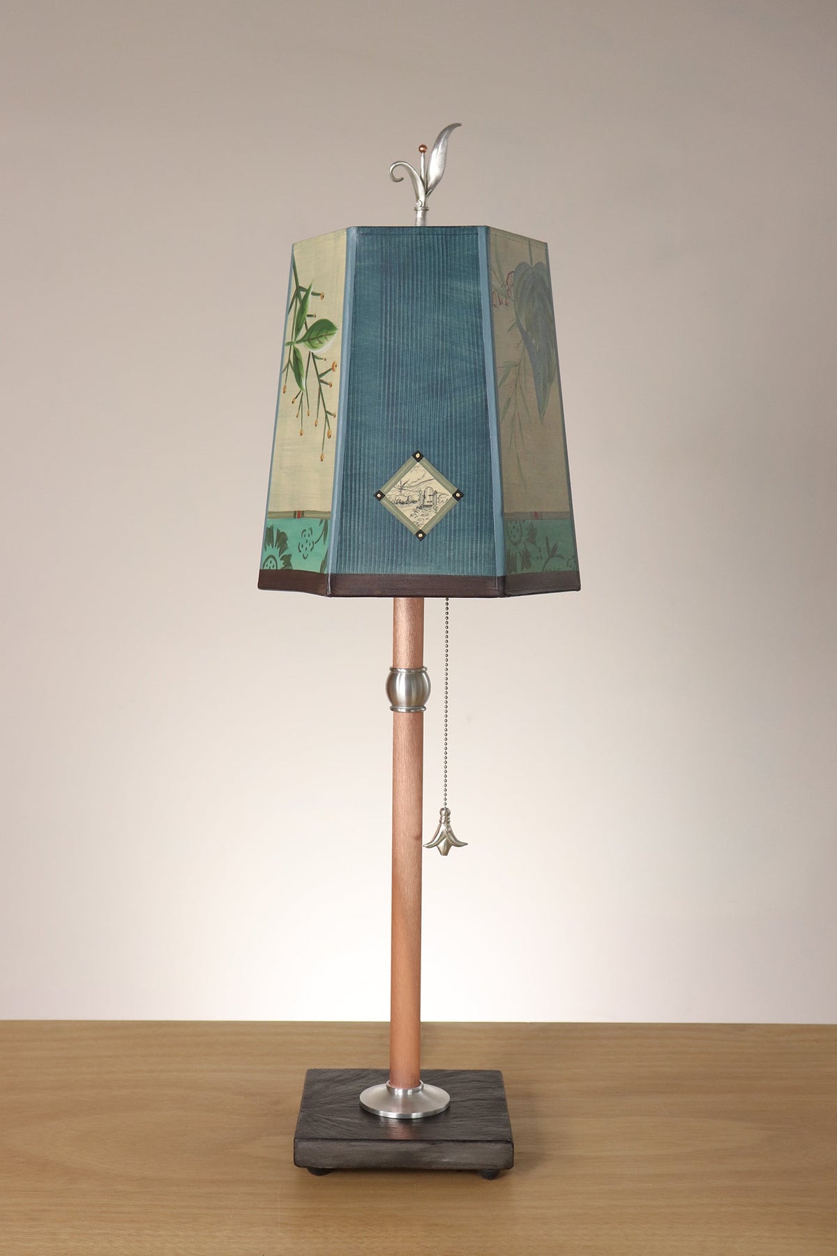 Janna Ugone &amp; Co Table Lamp Copper Table Lamp with Small Hexagon Shade in Leaf Portrait Gate in Teal