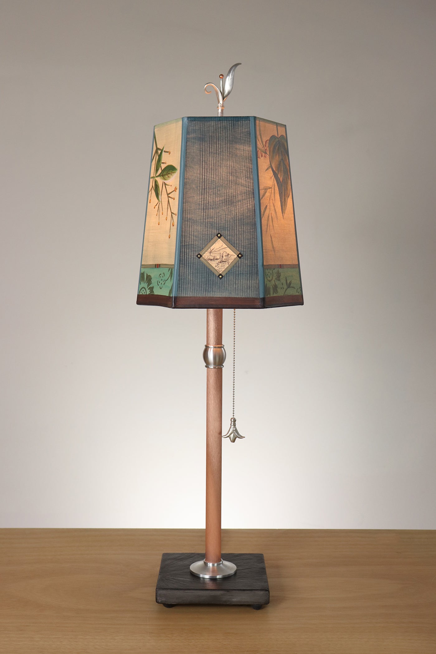Janna Ugone & Co Table Lamp Copper Table Lamp with Small Hexagon Shade in Leaf Portrait Gate in Teal