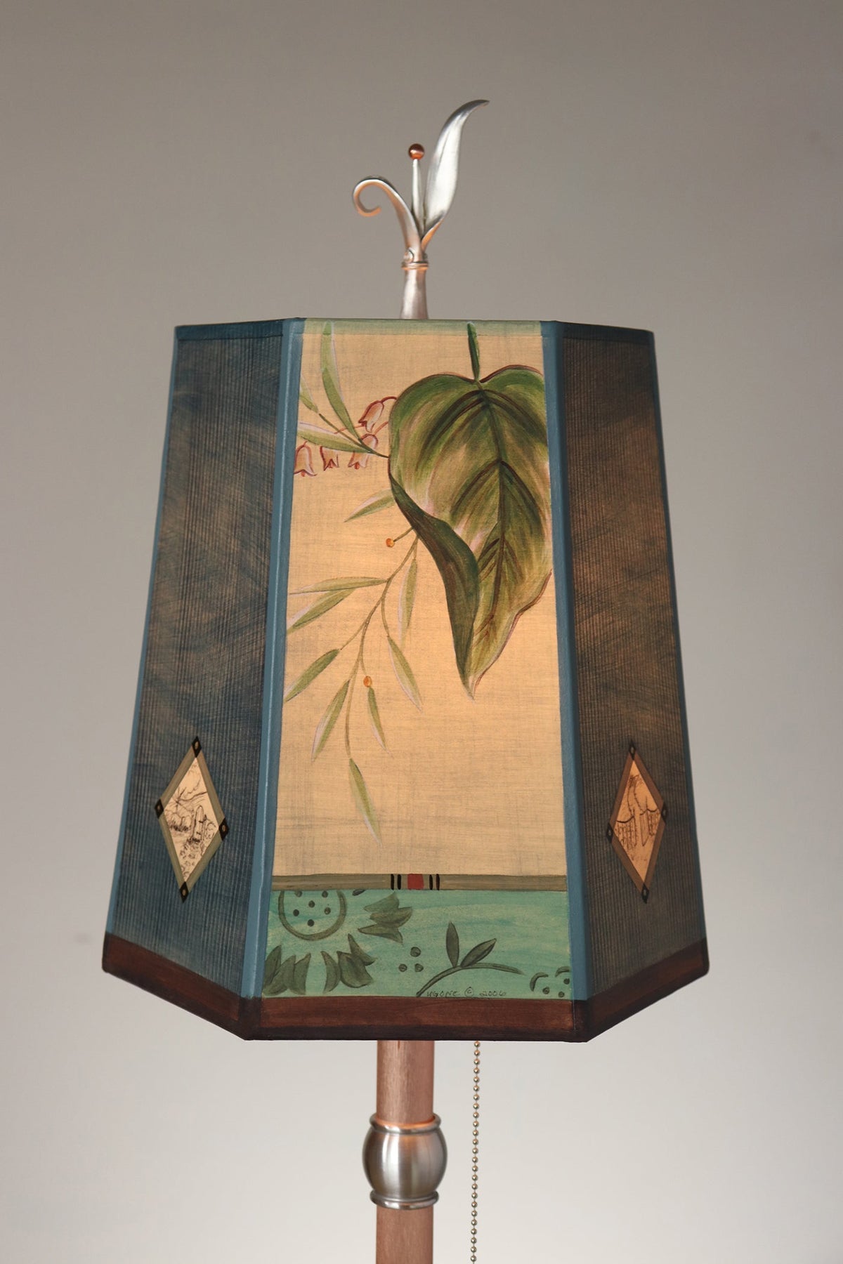 Janna Ugone &amp; Co Table Lamp Copper Table Lamp with Small Hexagon Shade in Leaf Portrait Gate in Teal