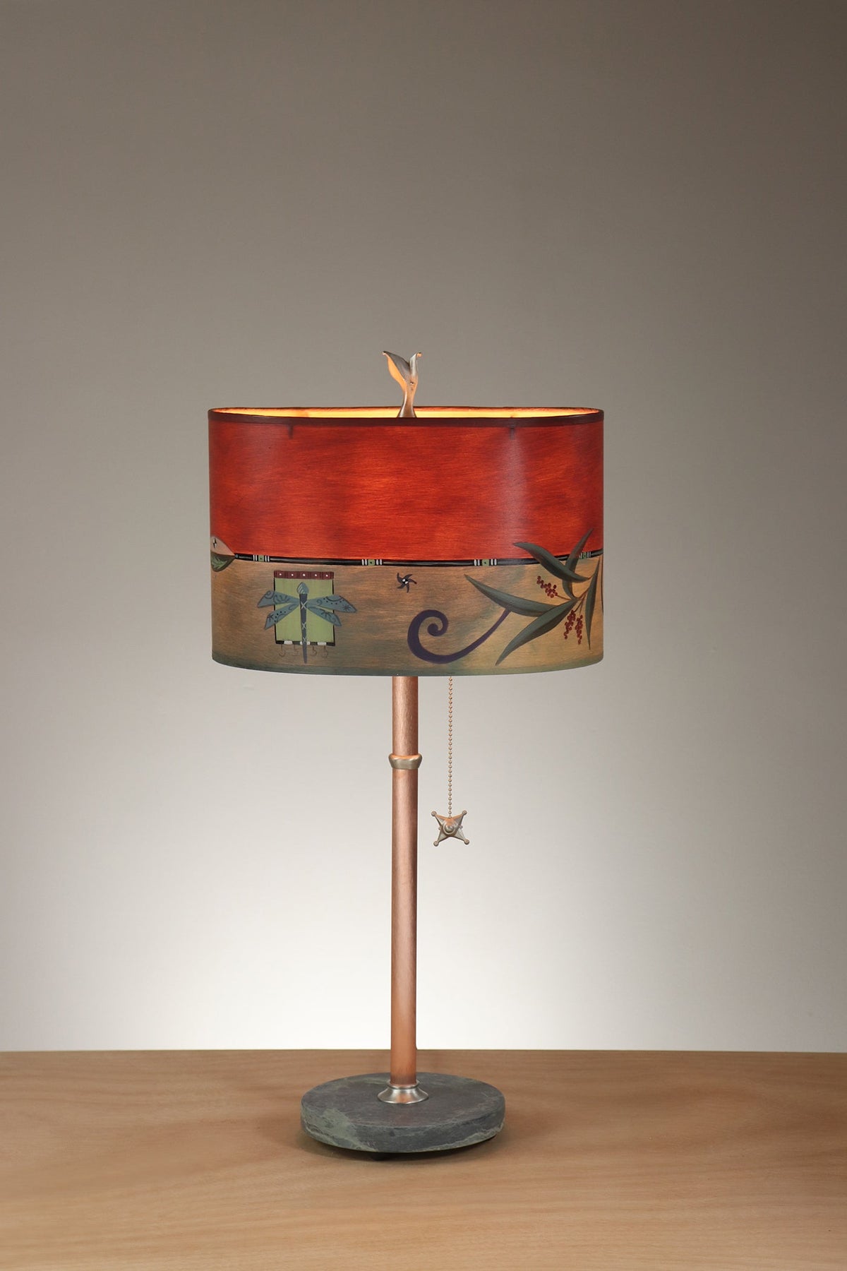 Janna Ugone &amp; Co Floor Lamp Copper Table Lamp with Small Oval Shade in Capri Border in Redwood