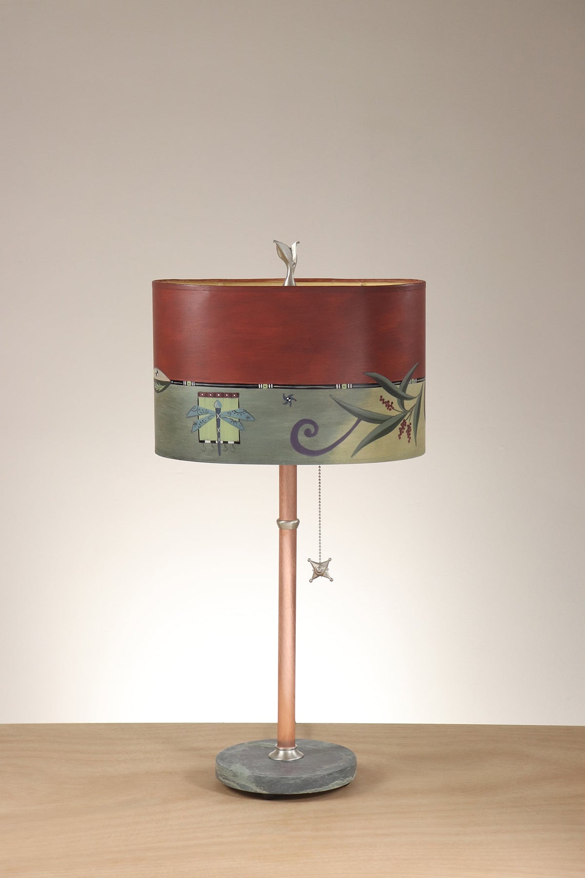 Janna Ugone &amp; Co Floor Lamp Copper Table Lamp with Small Oval Shade in Capri Border in Redwood