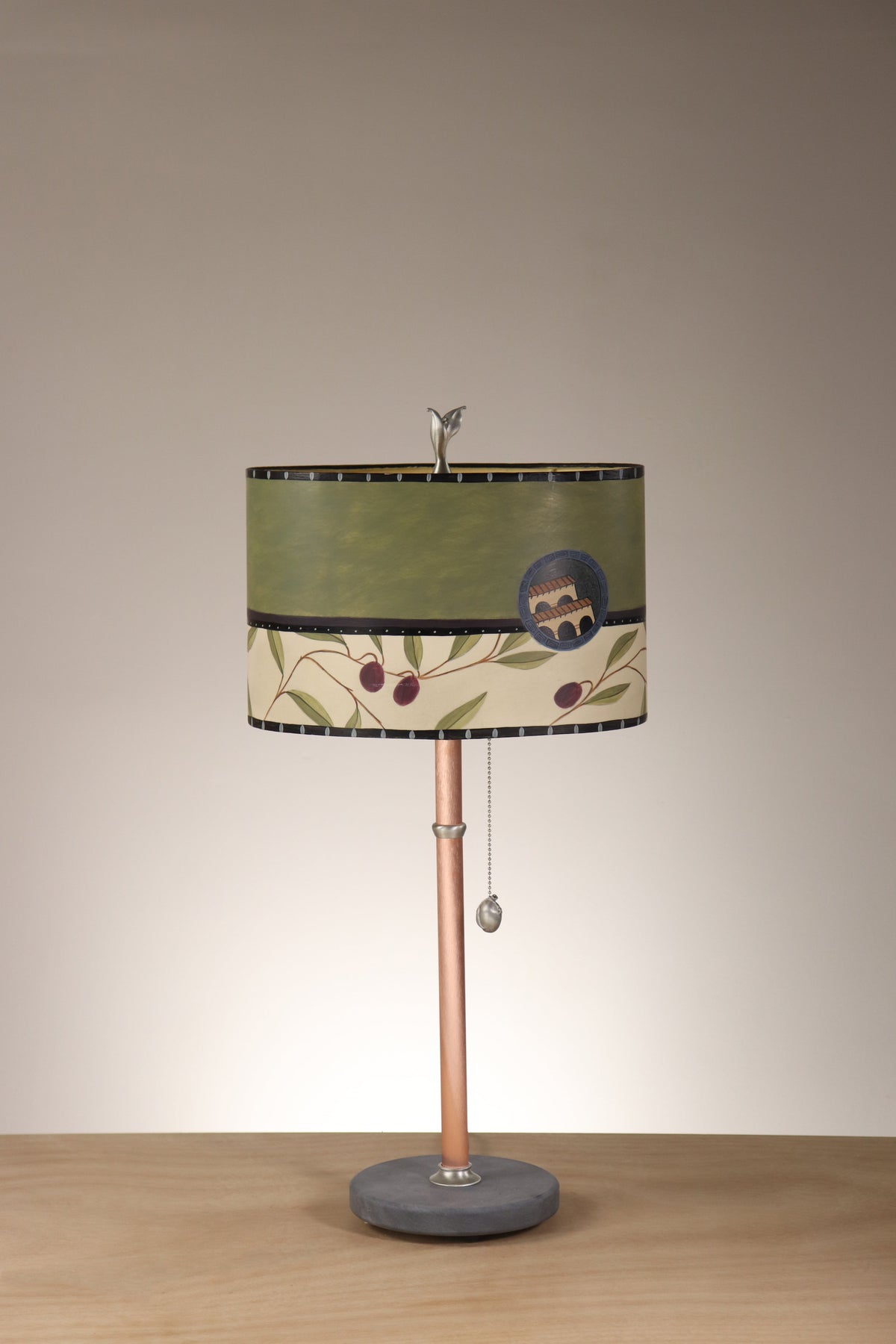 Janna Ugone &amp; Co Floor Lamp Copper Table Lamp with Small Oval Shade in Olive Coin in Moss