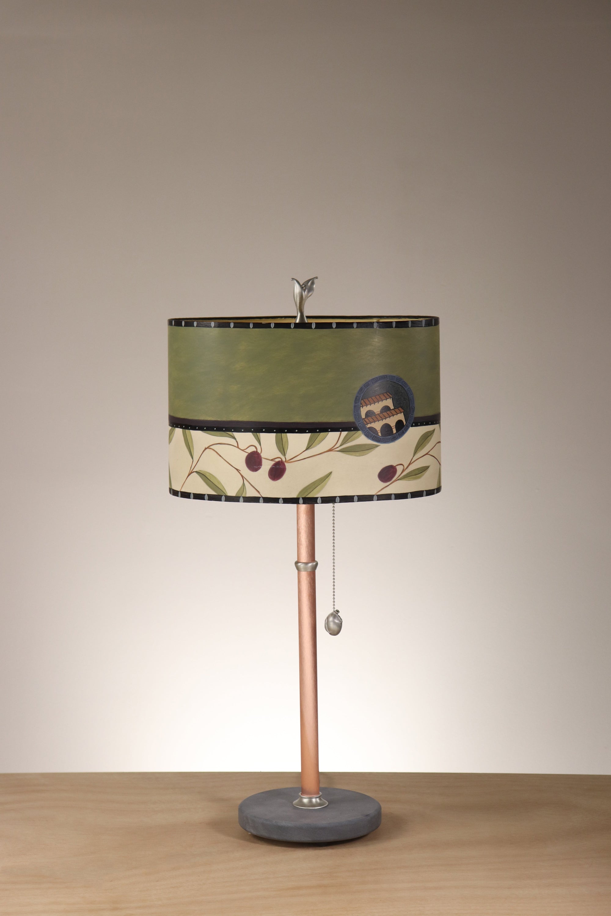 Janna Ugone & Co Floor Lamp Copper Table Lamp with Small Oval Shade in Olive Coin in Moss