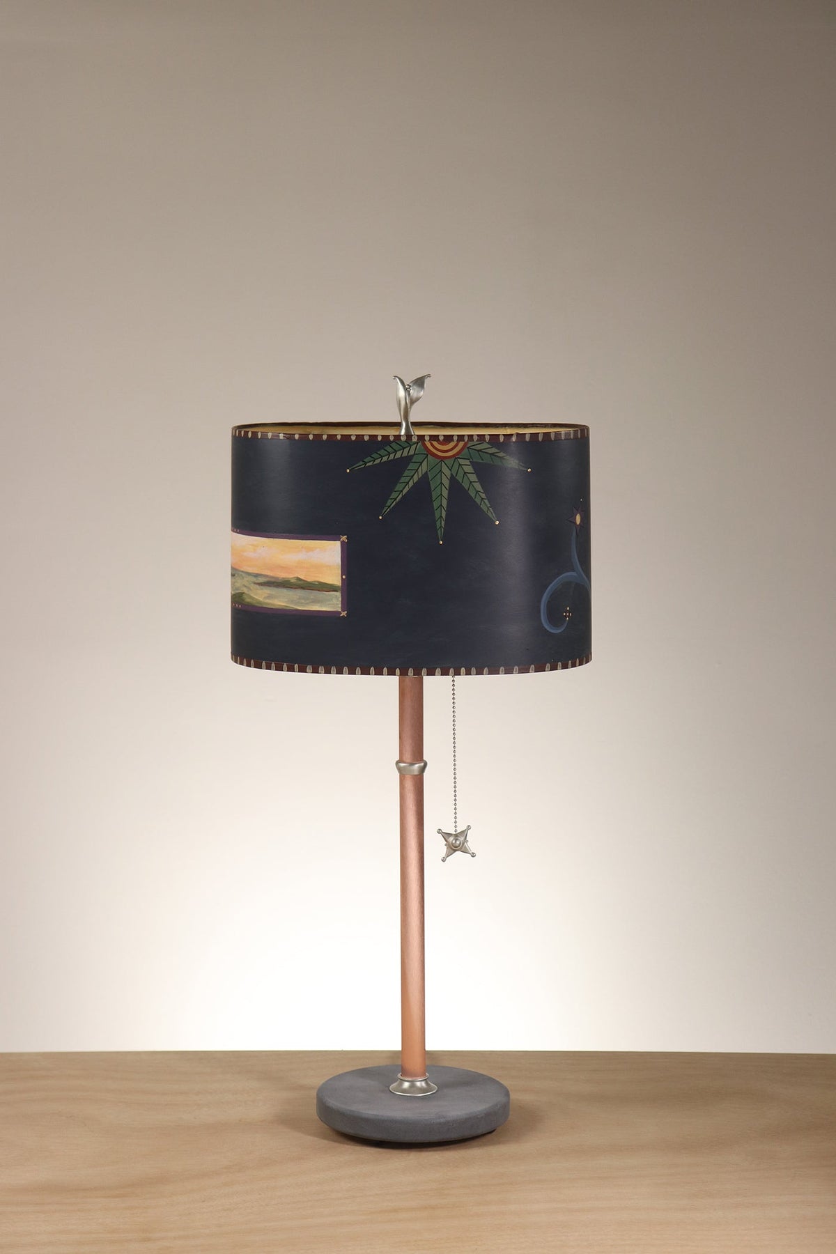 Janna Ugone &amp; Co Floor Lamp Copper Table Lamp with Small Oval Shade in Seascape in Indigo