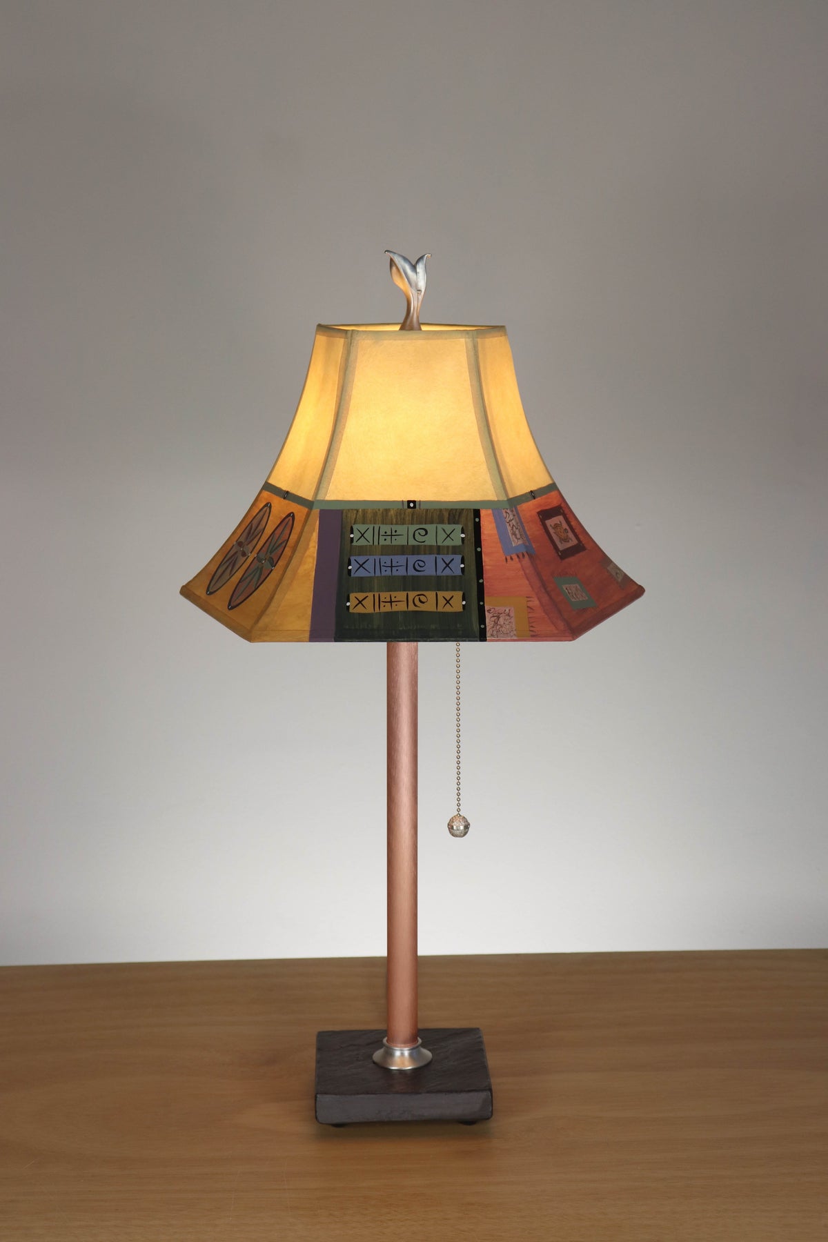 Janna Ugone &amp; Co Table Lamp Copper Table Lamp with Small Pagoda Shade in Barcelona Border in Maize