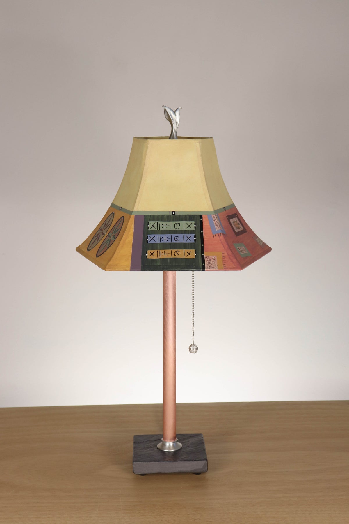 Janna Ugone &amp; Co Table Lamp Copper Table Lamp with Small Pagoda Shade in Barcelona Border in Maize