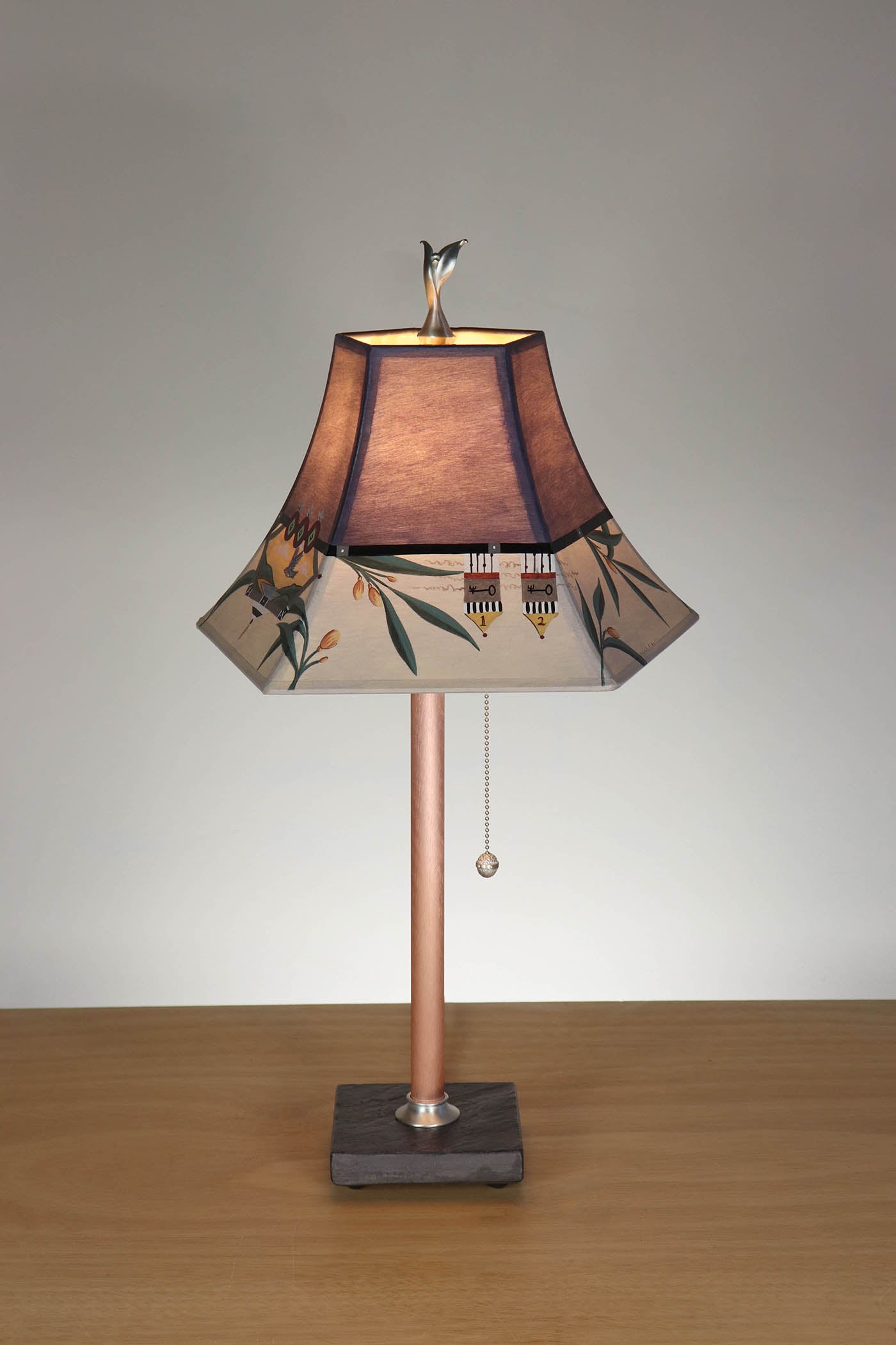 Janna Ugone & Co Table Lamp Copper Table Lamp with Small Pagoda Shade in Bayleaf Vingette in Deep Purple