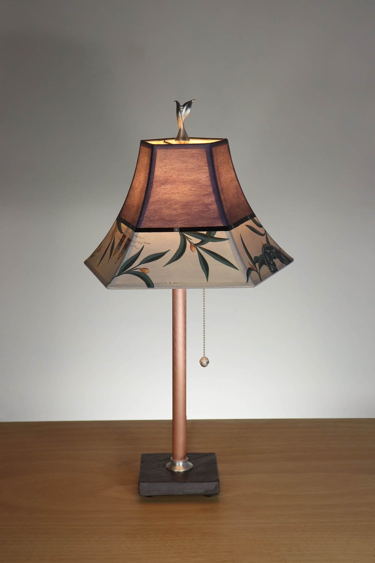 Janna Ugone &amp; Co Table Lamp Copper Table Lamp with Small Pagoda Shade in Bayleaf Vingette in Deep Purple