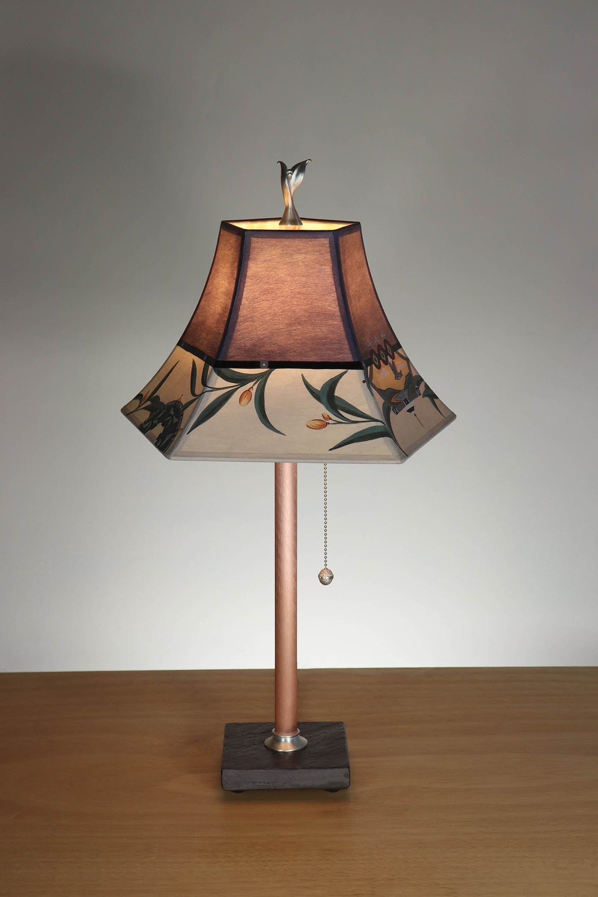 Janna Ugone &amp; Co Table Lamp Copper Table Lamp with Small Pagoda Shade in Bayleaf Vingette in Deep Purple