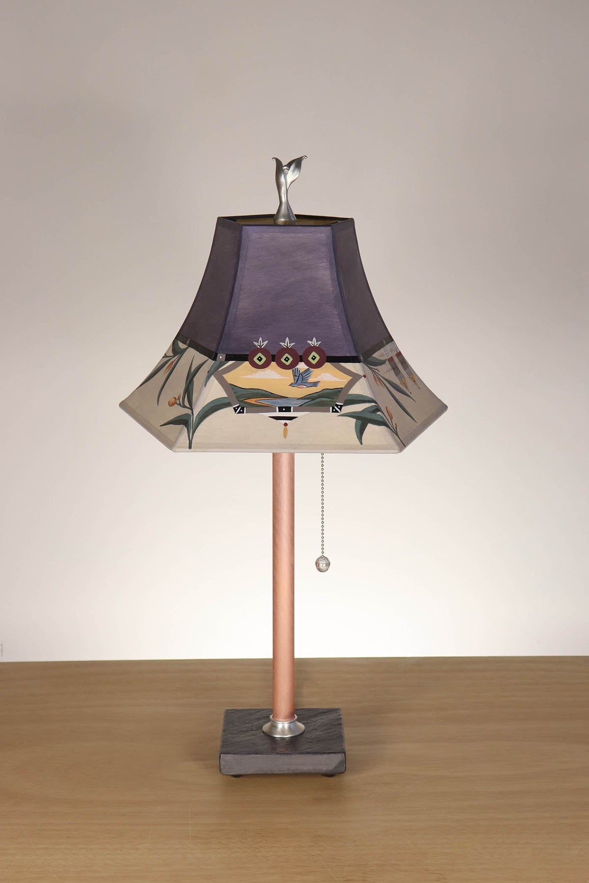 Janna Ugone &amp; Co Table Lamp Copper Table Lamp with Small Pagoda Shade in Bayleaf Vingette in Deep Purple