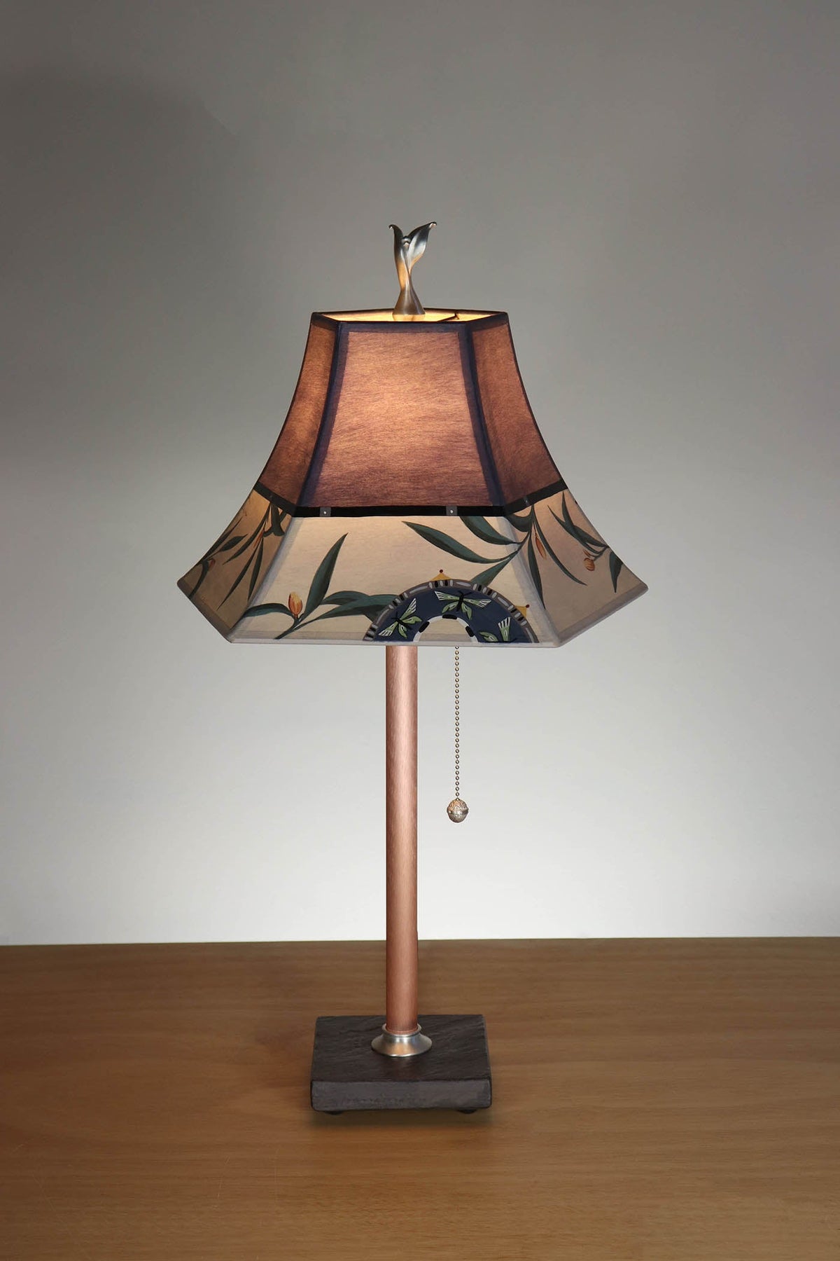 Janna Ugone &amp; Co Table Lamp Copper Table Lamp with Small Pagoda Shade in Bayleaf Vingette in Deep Purple