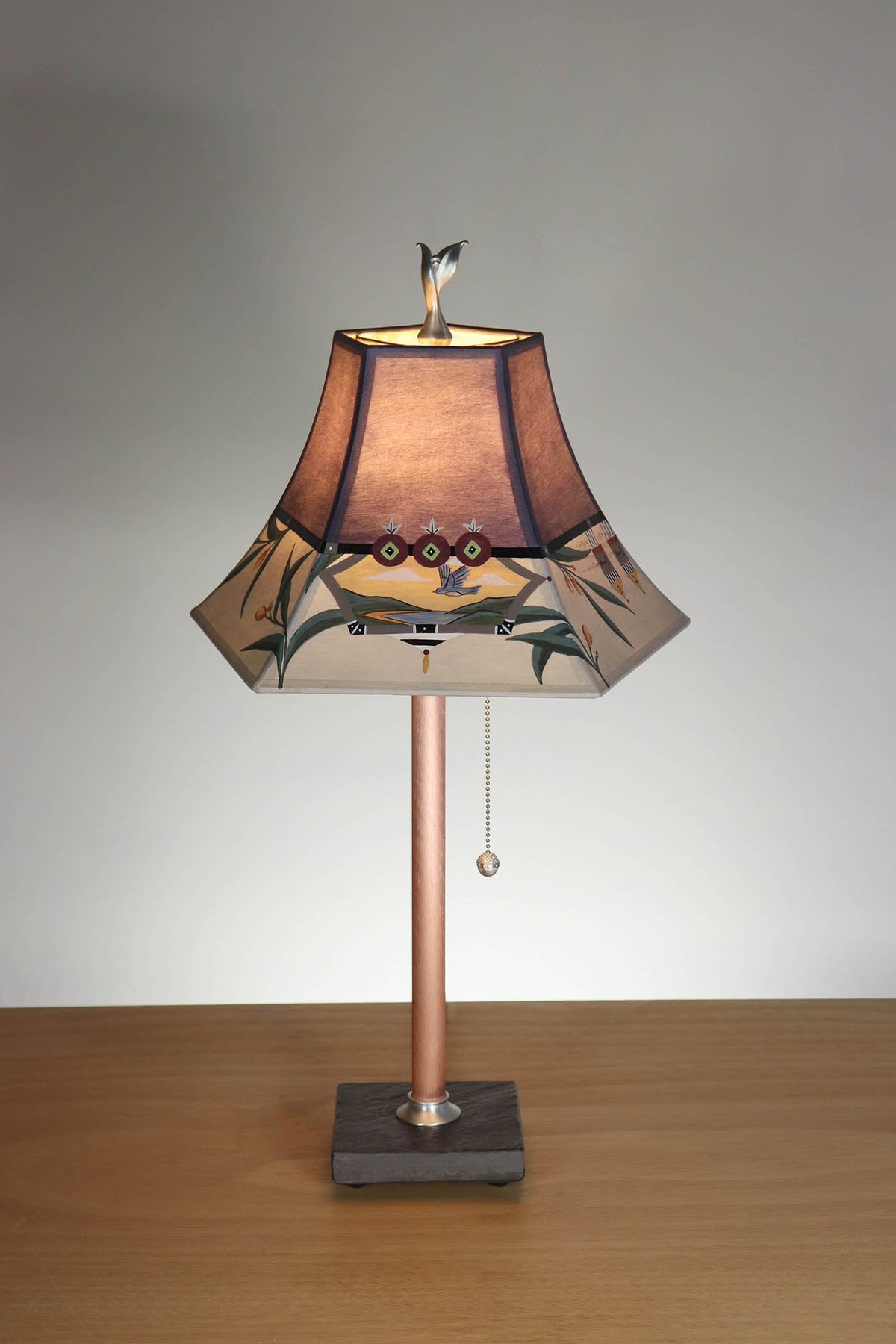 Janna Ugone &amp; Co Table Lamp Copper Table Lamp with Small Pagoda Shade in Bayleaf Vingette in Deep Purple