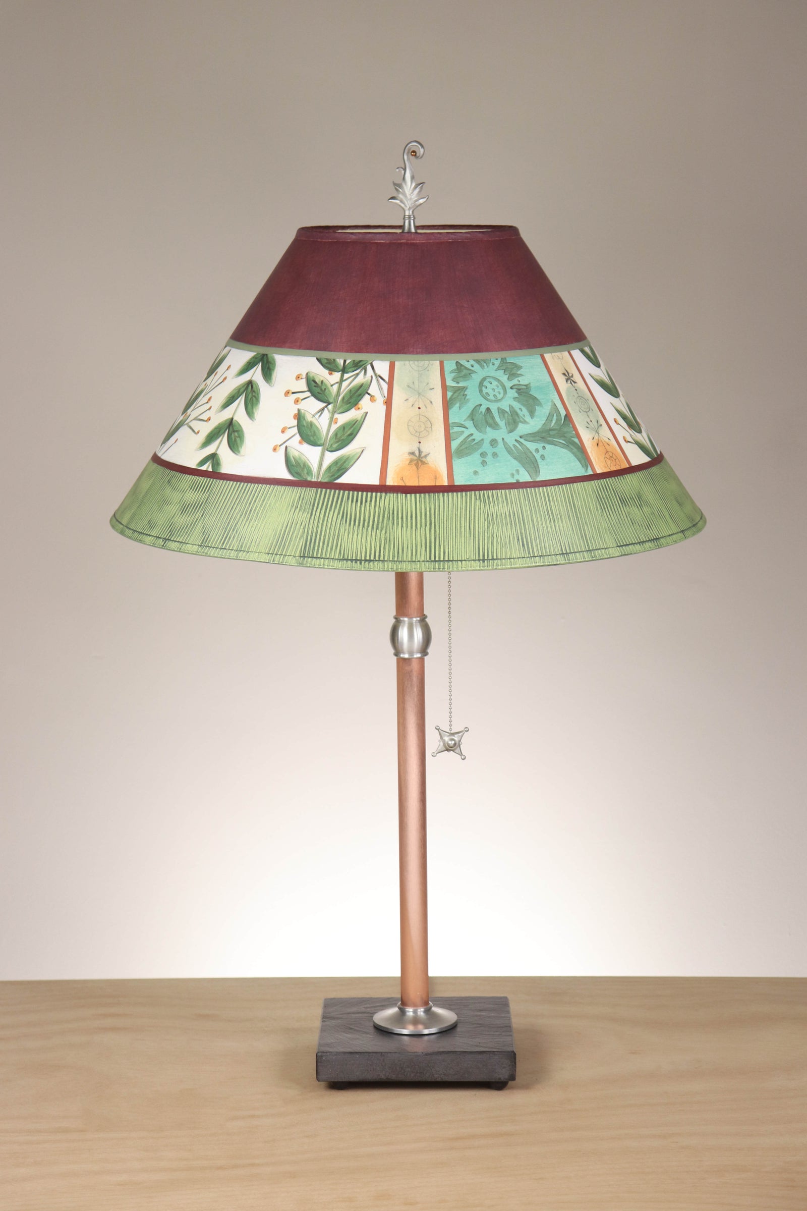 Janna Ugone & Co Table Lamp Copper Table Lamps with Large Conical Shades in Spring Medley in Wine
