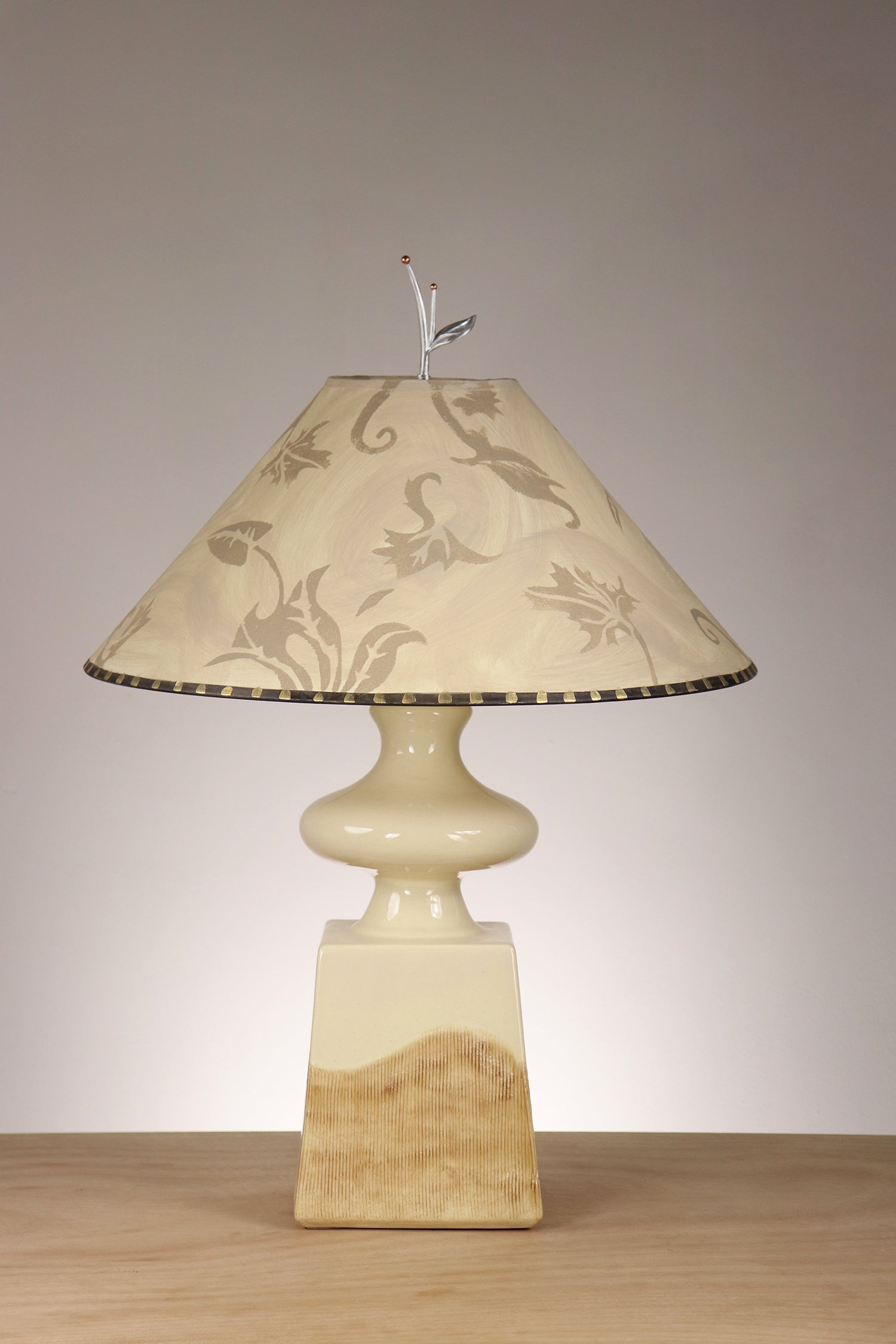 Janna Ugone & Co Ivory Ceramic Table Lamp with Large Conical Shade in Brocade