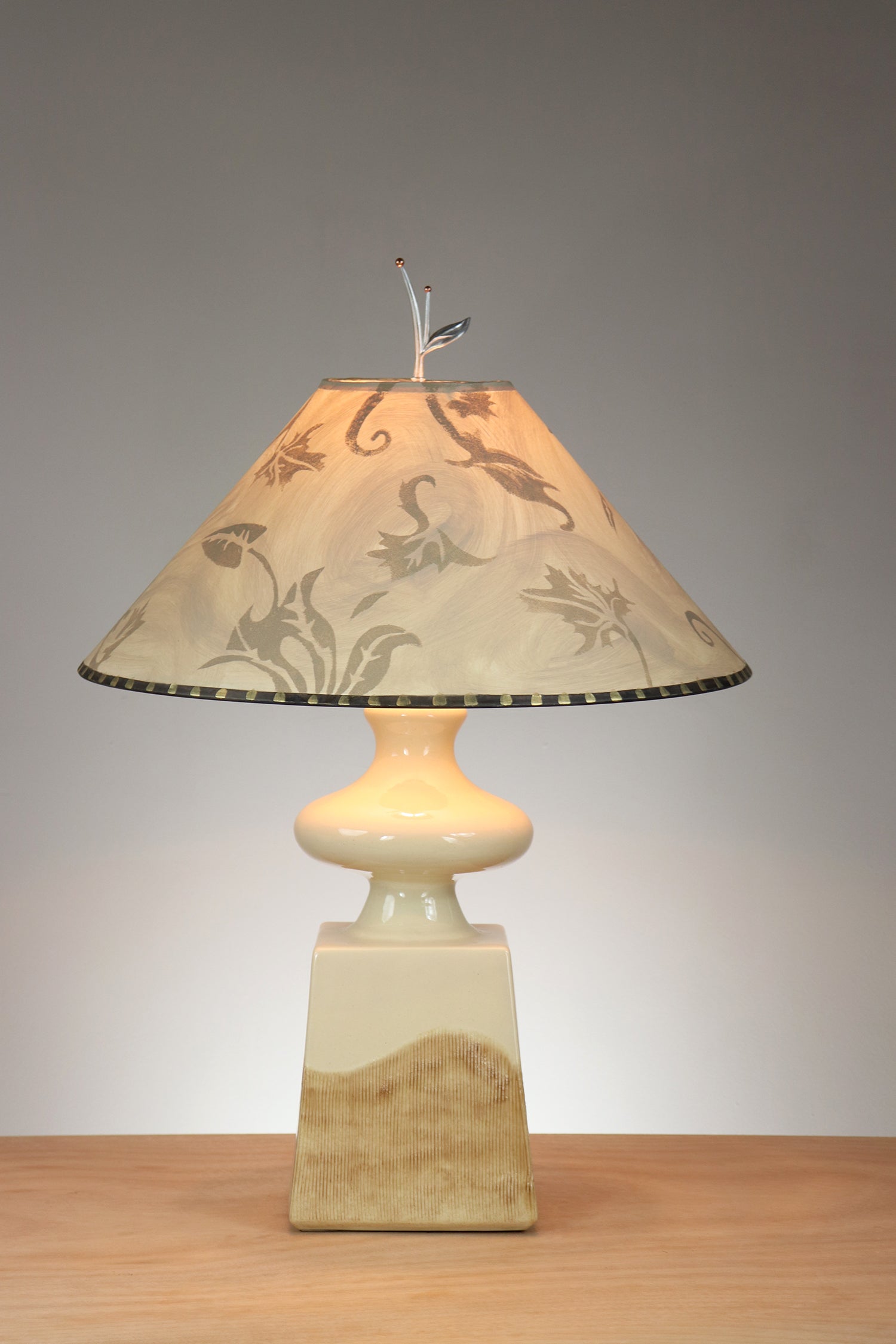 Janna Ugone & Co Ivory Ceramic Table Lamp with Large Conical Shade in Brocade