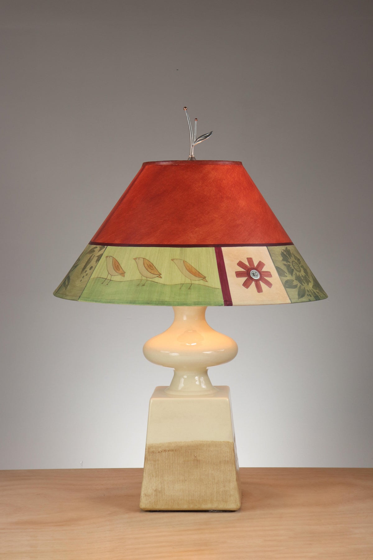 Janna Ugone &amp; Co Ivory Ceramic Table Lamp with Large Conical Shade in Prima Border-Redwood