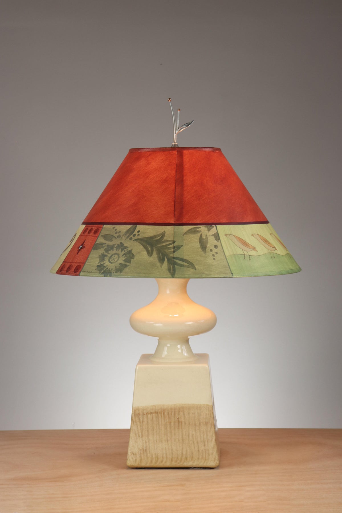 Janna Ugone &amp; Co Ivory Ceramic Table Lamp with Large Conical Shade in Prima Border-Redwood