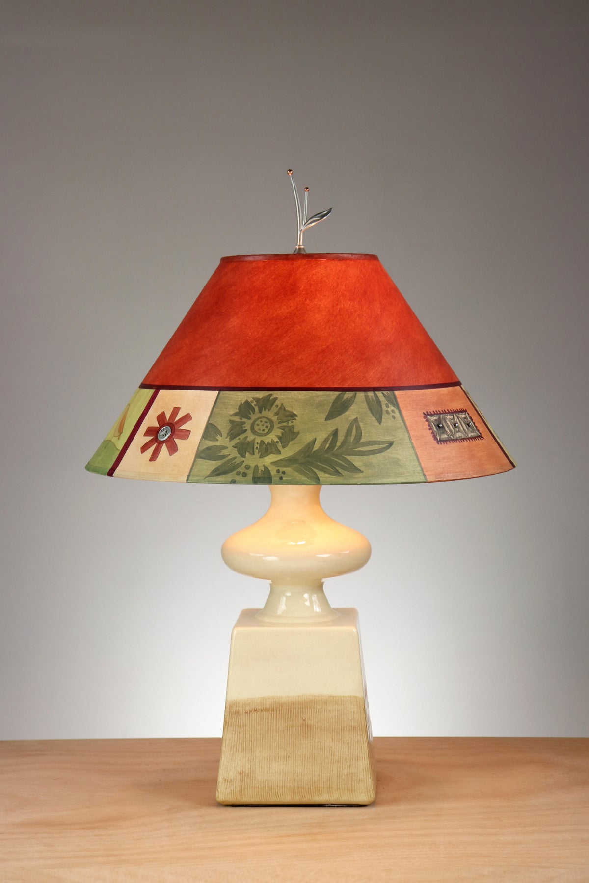 Janna Ugone &amp; Co Ivory Ceramic Table Lamp with Large Conical Shade in Prima Border-Redwood