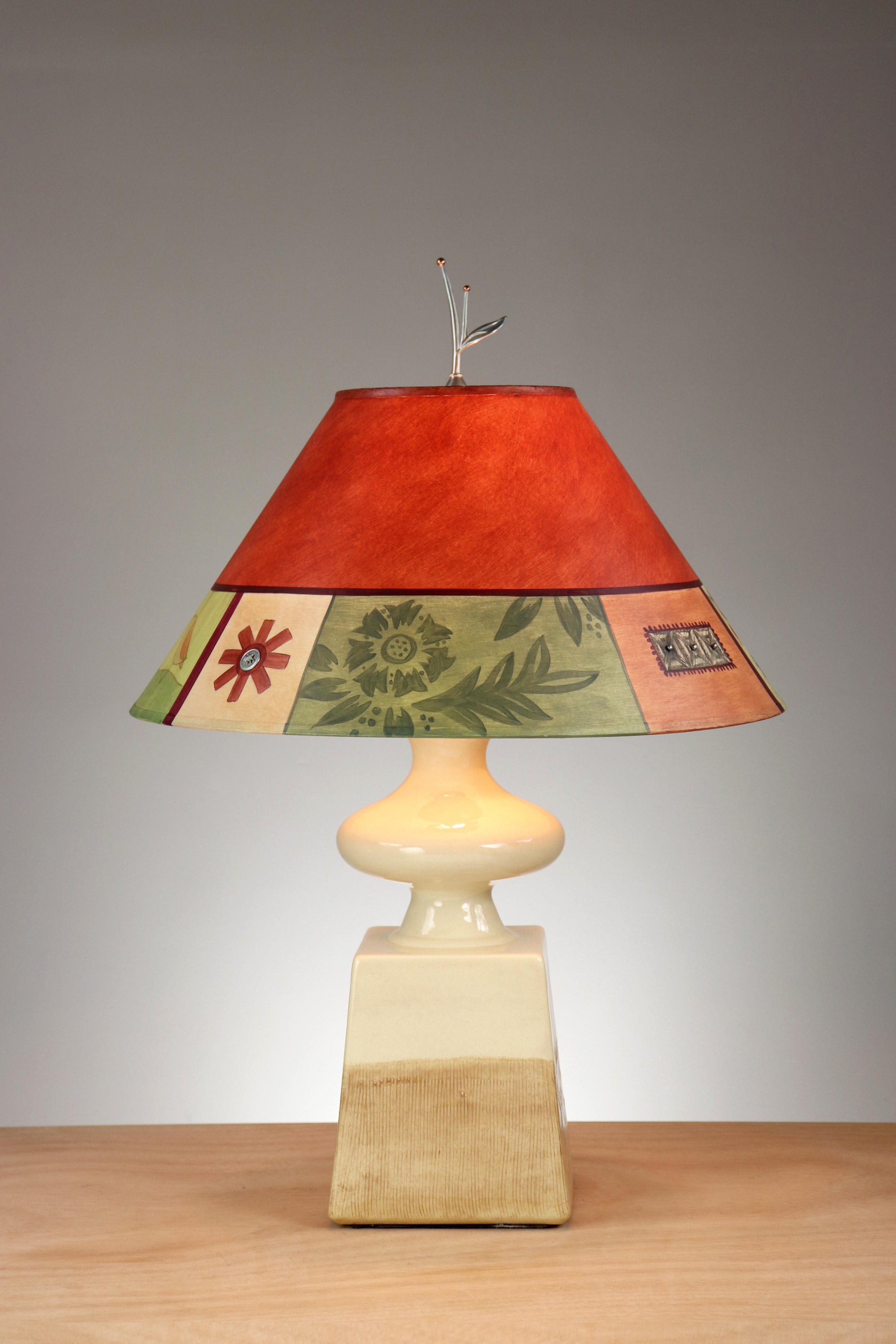 Janna Ugone & Co Ivory Ceramic Table Lamp with Large Conical Shade in Prima Border-Redwood