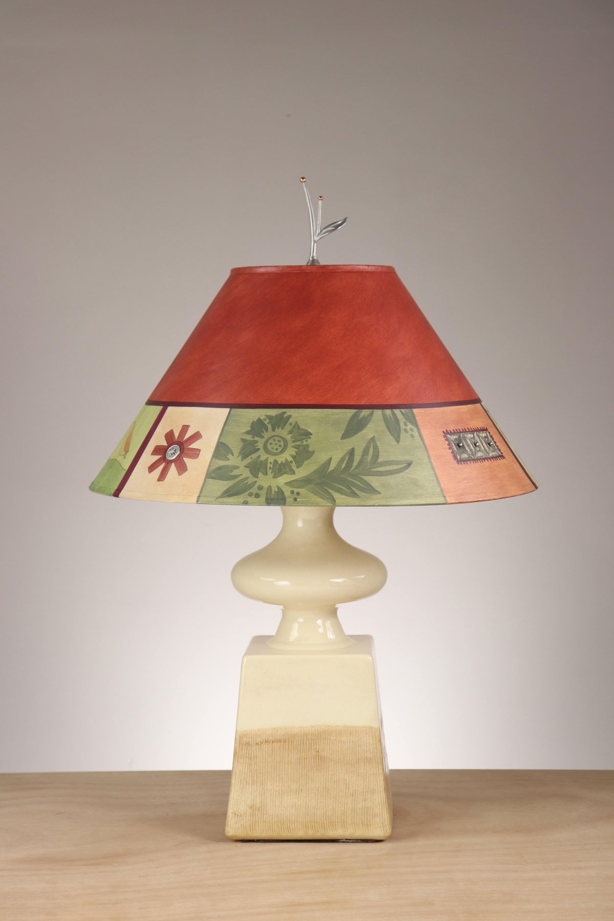 Janna Ugone &amp; Co Ivory Ceramic Table Lamp with Large Conical Shade in Prima Border-Redwood