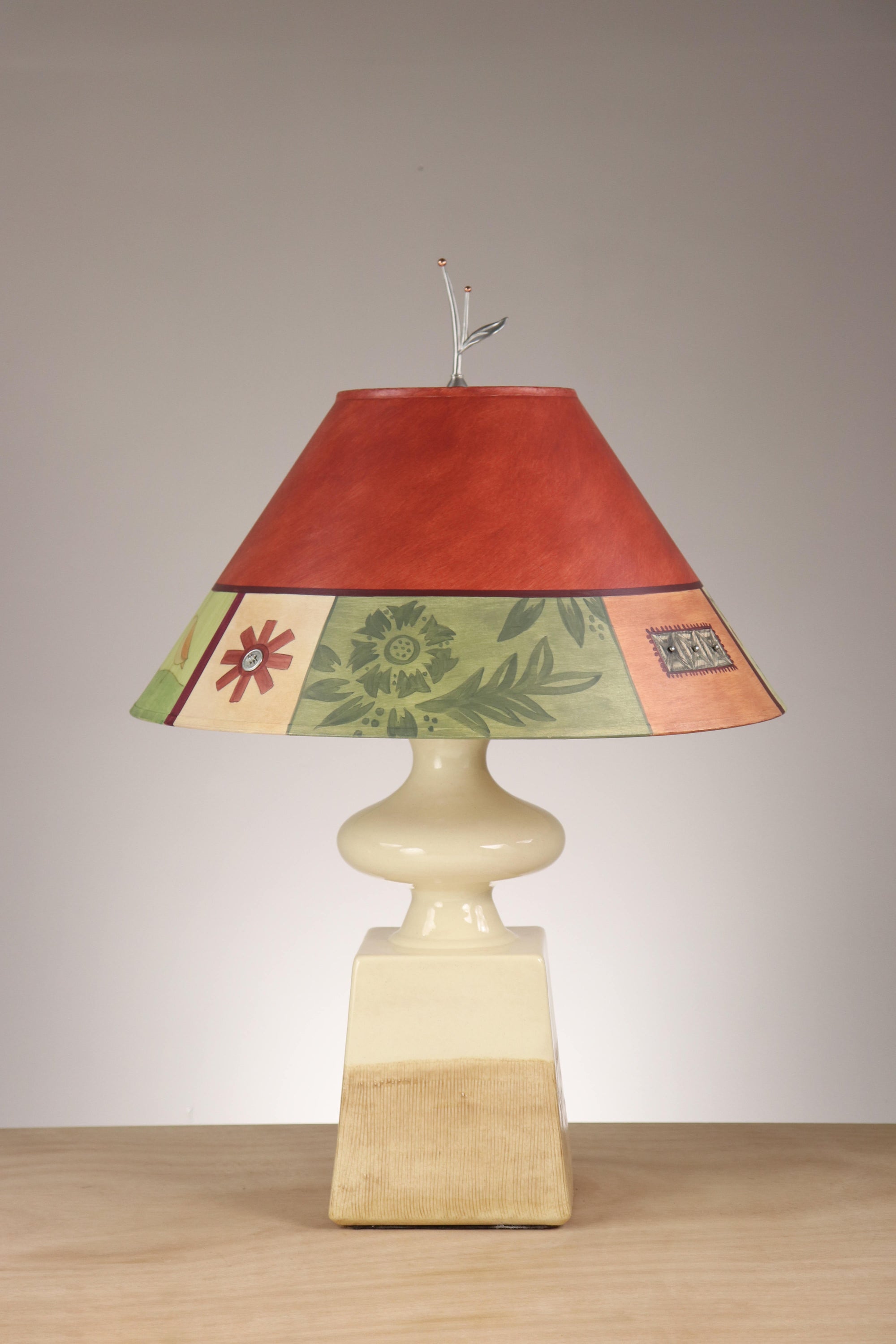 Janna Ugone & Co Ivory Ceramic Table Lamp with Large Conical Shade in Prima Border-Redwood