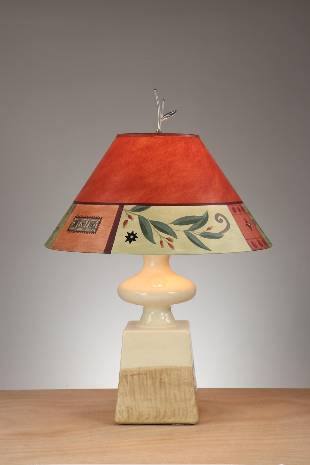 Janna Ugone &amp; Co Ivory Ceramic Table Lamp with Large Conical Shade in Prima Border-Redwood