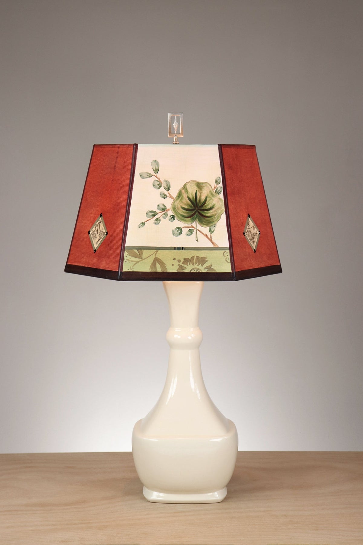 Janna Ugone &amp; Co Ivory Ceramic Table Lamp with Medium Hexagonal Shade in Leaf Portrait Gate in Redwood