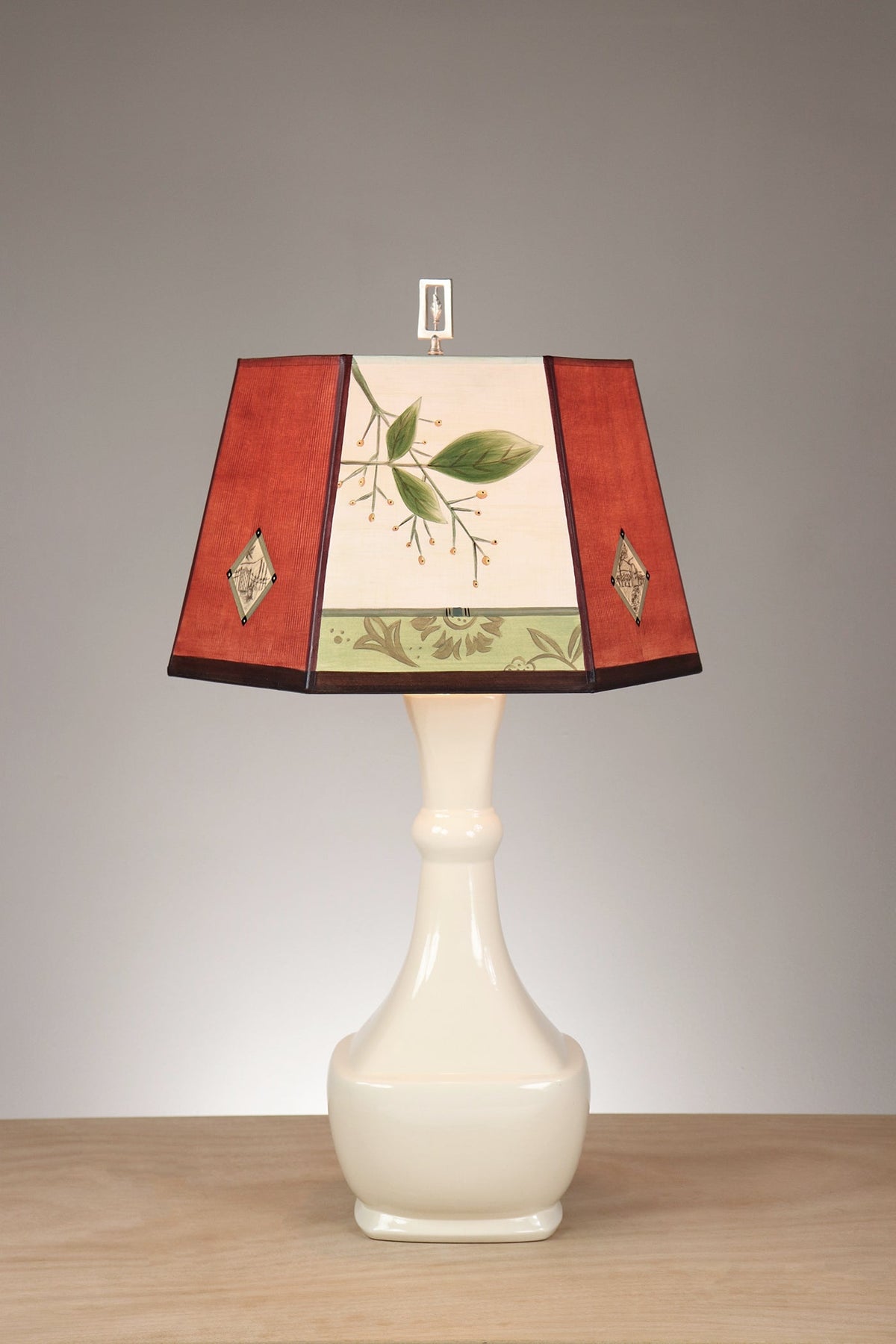 Janna Ugone &amp; Co Ivory Ceramic Table Lamp with Medium Hexagonal Shade in Leaf Portrait Gate in Redwood