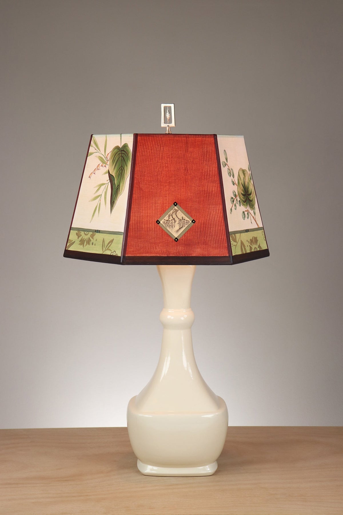 Janna Ugone &amp; Co Ivory Ceramic Table Lamp with Medium Hexagonal Shade in Leaf Portrait Gate in Redwood