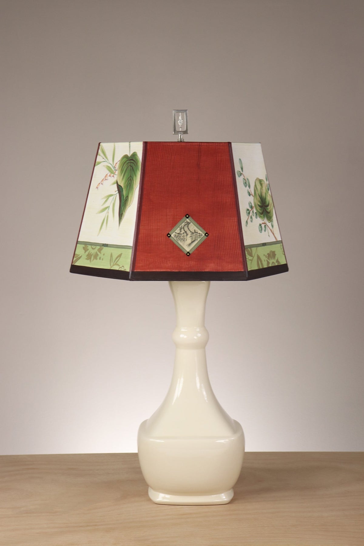 Janna Ugone &amp; Co Ivory Ceramic Table Lamp with Medium Hexagonal Shade in Leaf Portrait Gate in Redwood