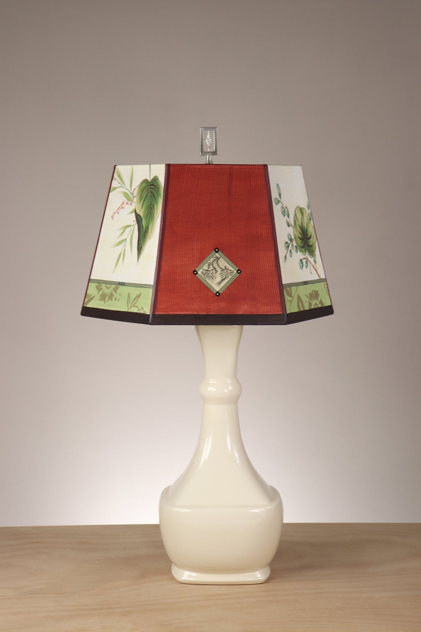 Janna Ugone & Co Ivory Ceramic Table Lamp with Medium Hexagonal Shade in Leaf Portrait Gate in Redwood