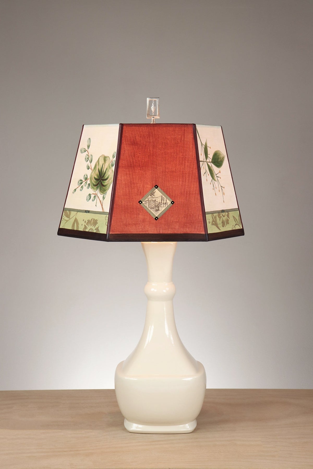 Janna Ugone &amp; Co Ivory Ceramic Table Lamp with Medium Hexagonal Shade in Leaf Portrait Gate in Redwood