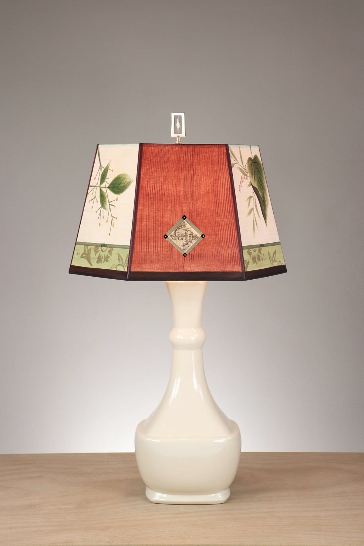 Janna Ugone &amp; Co Ivory Ceramic Table Lamp with Medium Hexagonal Shade in Leaf Portrait Gate in Redwood