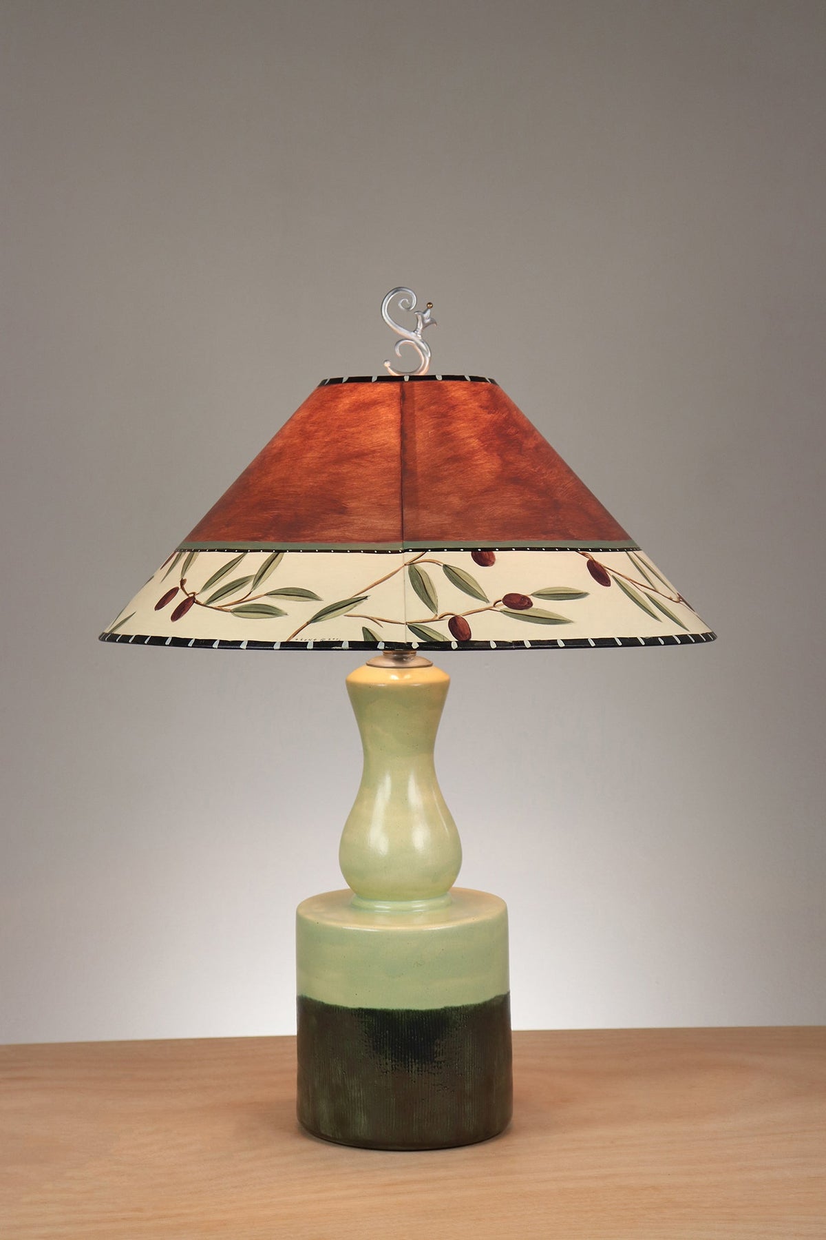 Janna Ugone &amp; Co Leaf Green Ceramic Table Lamp with Large Conical Shade in Olive Coin in Chestnut