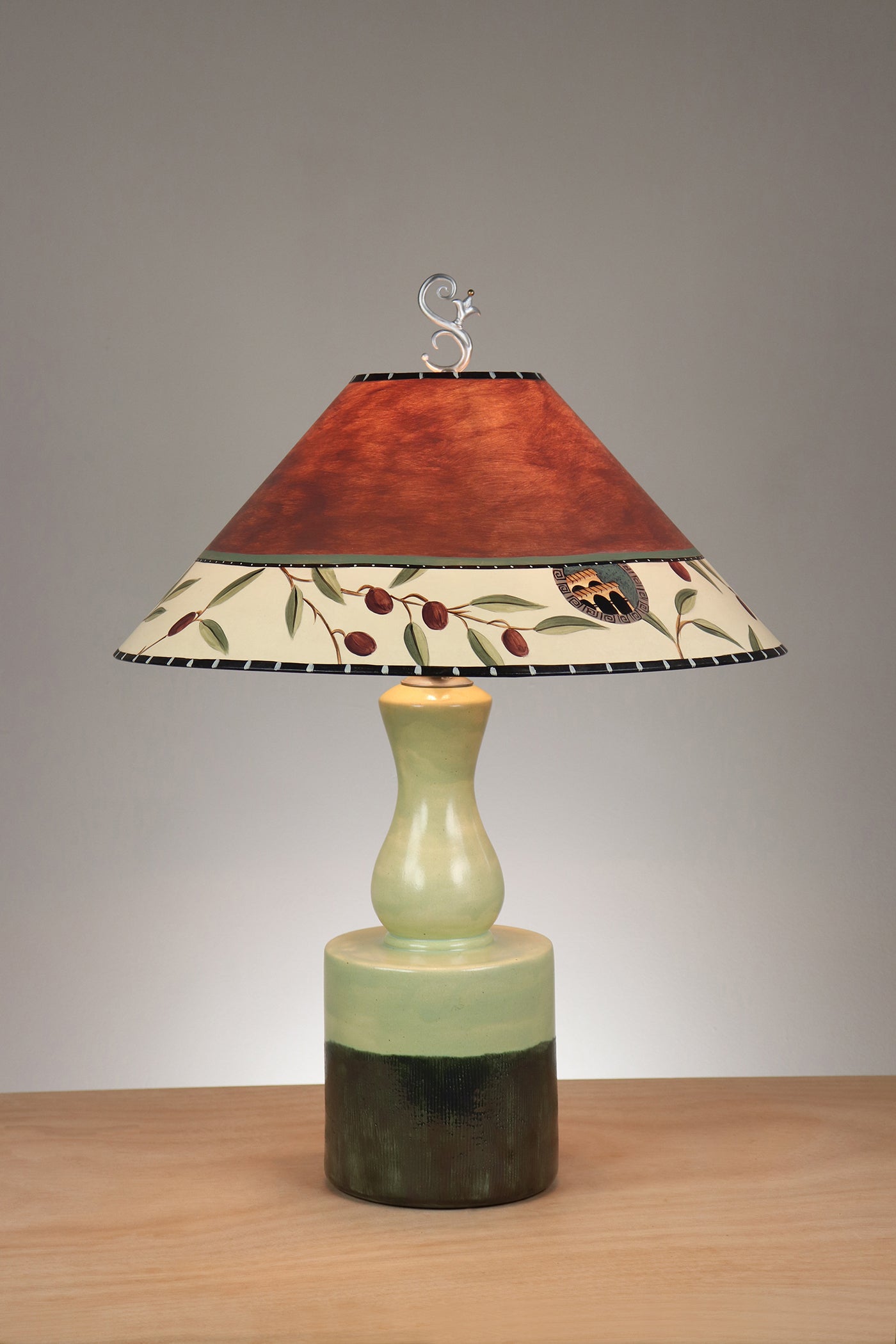 Janna Ugone & Co Leaf Green Ceramic Table Lamp with Large Conical Shade in Olive Coin in Chestnut