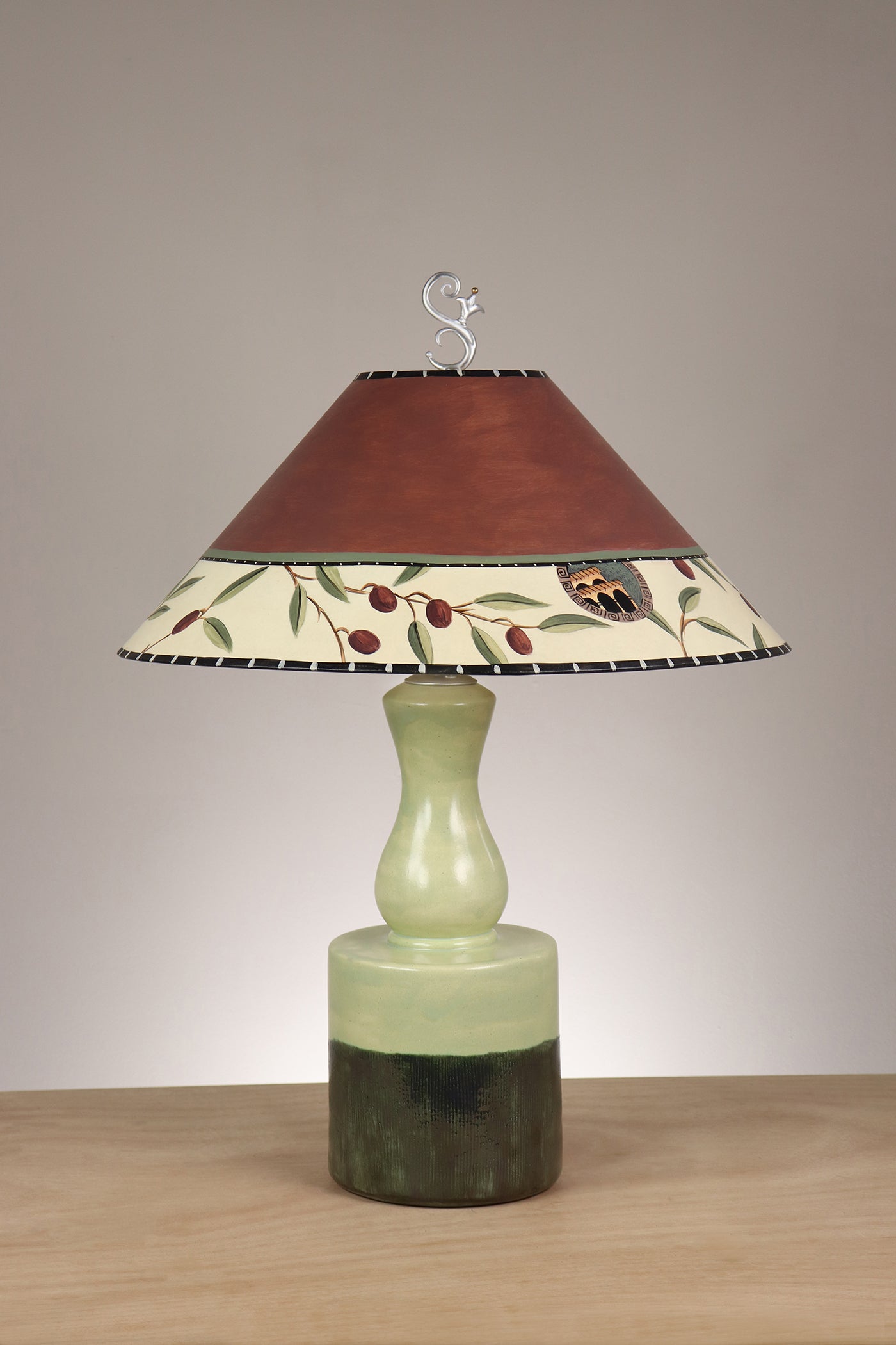 Janna Ugone & Co Leaf Green Ceramic Table Lamp with Large Conical Shade in Olive Coin in Chestnut
