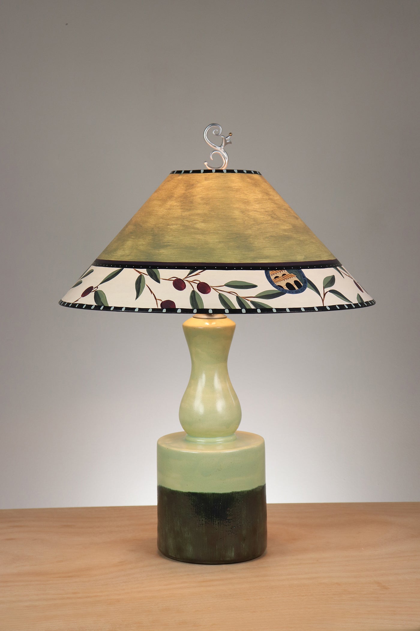 Janna Ugone & Co Leaf Green Ceramic Table Lamp with Large Conical Shade in Olive Coin in Moss