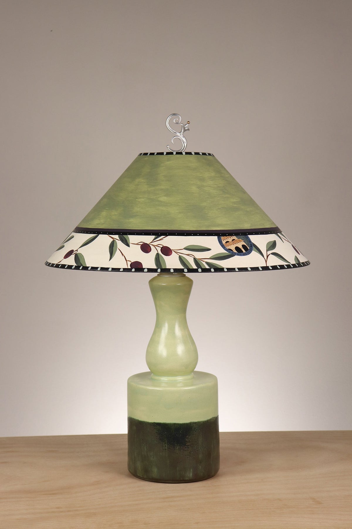 Janna Ugone &amp; Co Leaf Green Ceramic Table Lamp with Large Conical Shade in Olive Coin in Moss
