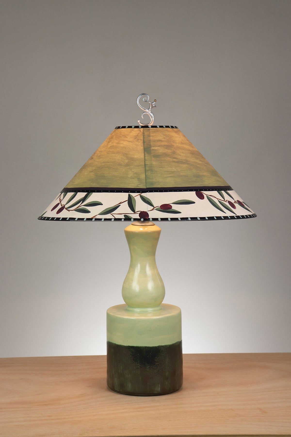 Janna Ugone &amp; Co Leaf Green Ceramic Table Lamp with Large Conical Shade in Olive Coin in Moss