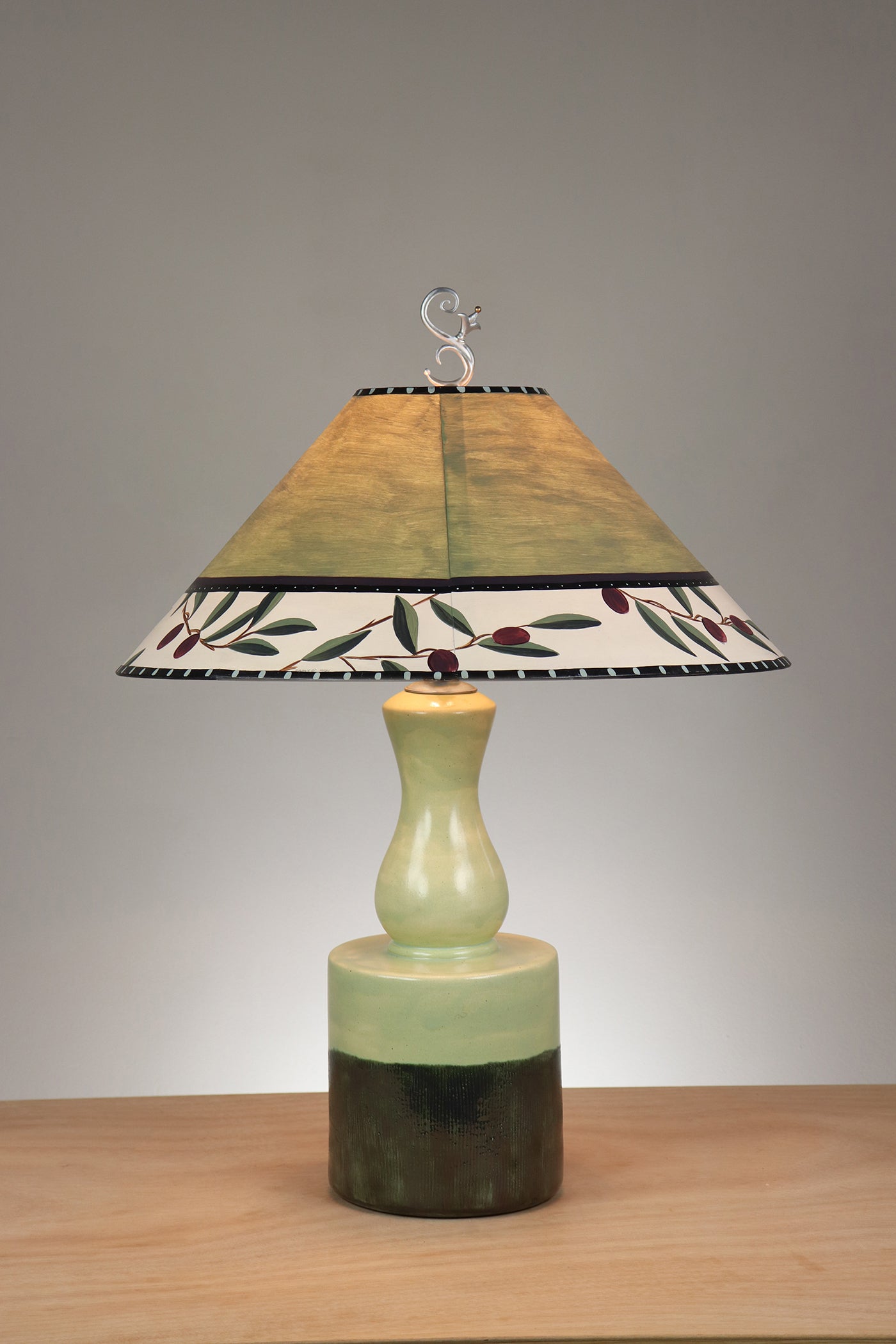 Janna Ugone & Co Leaf Green Ceramic Table Lamp with Large Conical Shade in Olive Coin in Moss