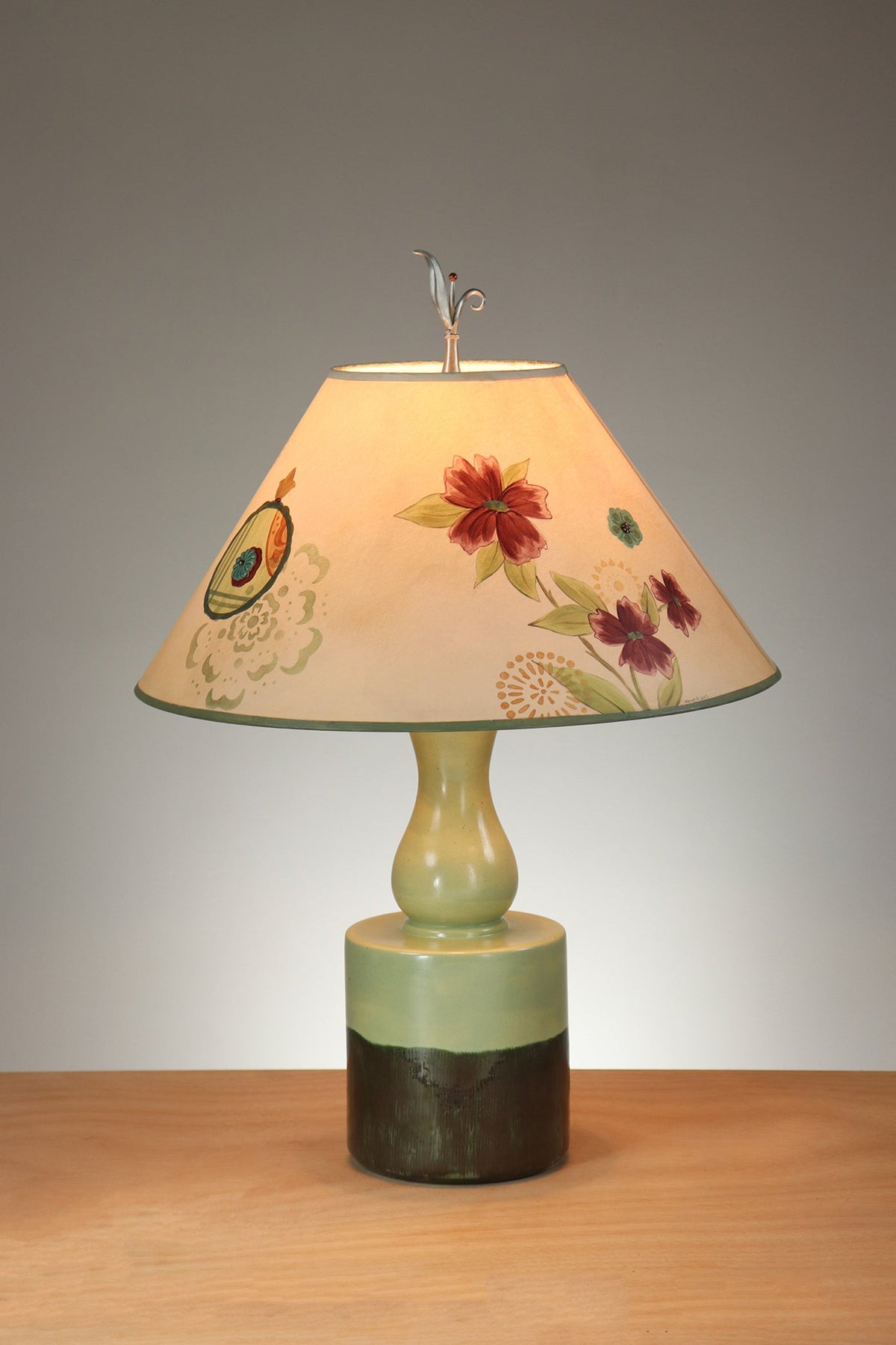 Janna Ugone &amp; Co Leaf Green Ceramic Table Lamp with Large Conical Shade in Summer Meadow in Bisque