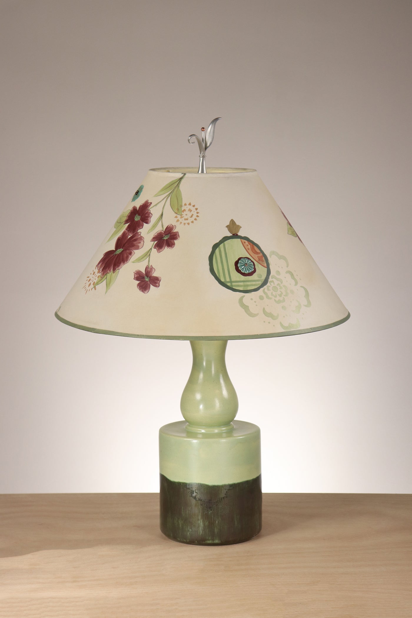 Janna Ugone & Co Leaf Green Ceramic Table Lamp with Large Conical Shade in Summer Meadow in Bisque