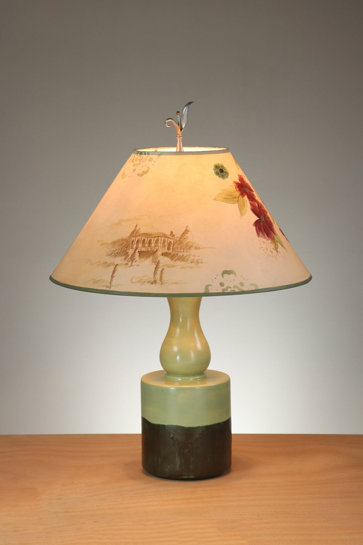 Janna Ugone &amp; Co Leaf Green Ceramic Table Lamp with Large Conical Shade in Summer Meadow in Bisque