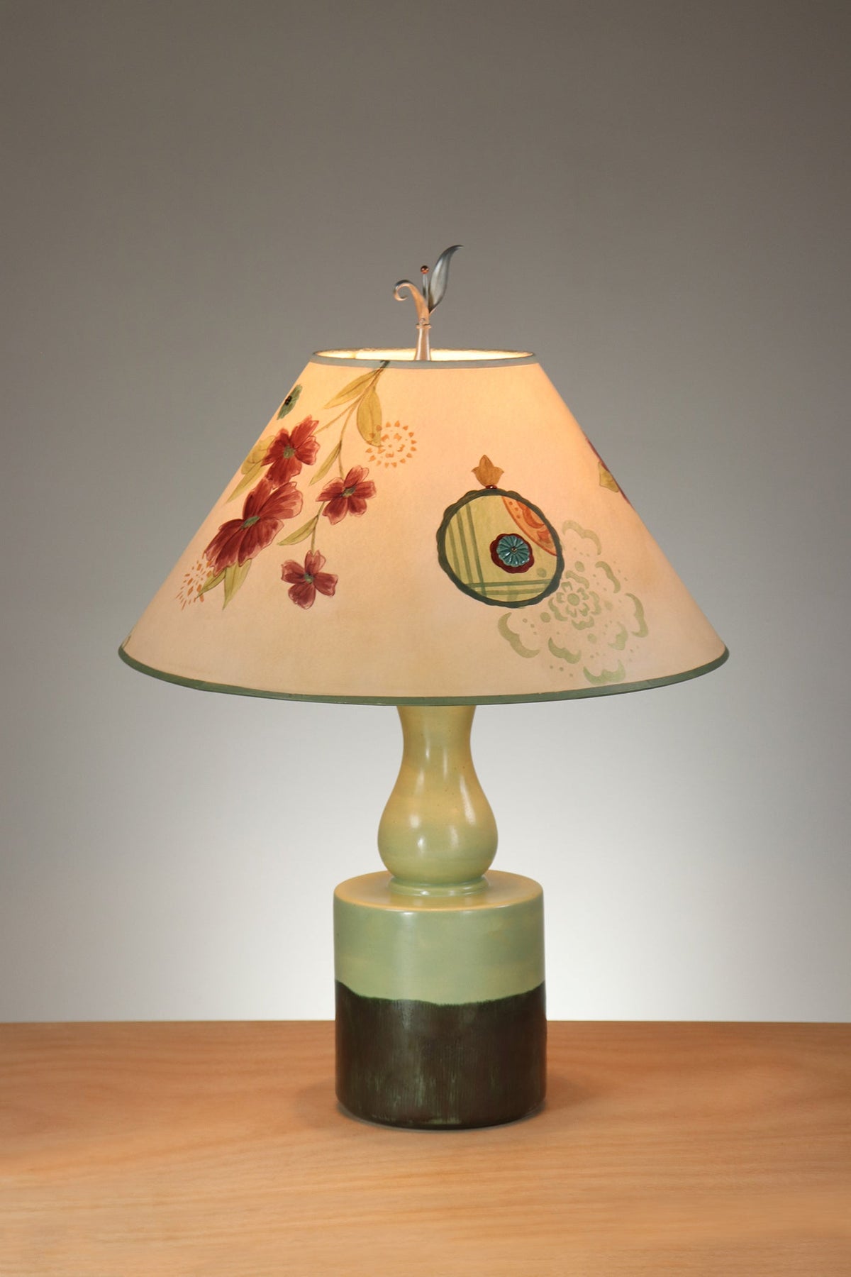 Janna Ugone &amp; Co Leaf Green Ceramic Table Lamp with Large Conical Shade in Summer Meadow in Bisque