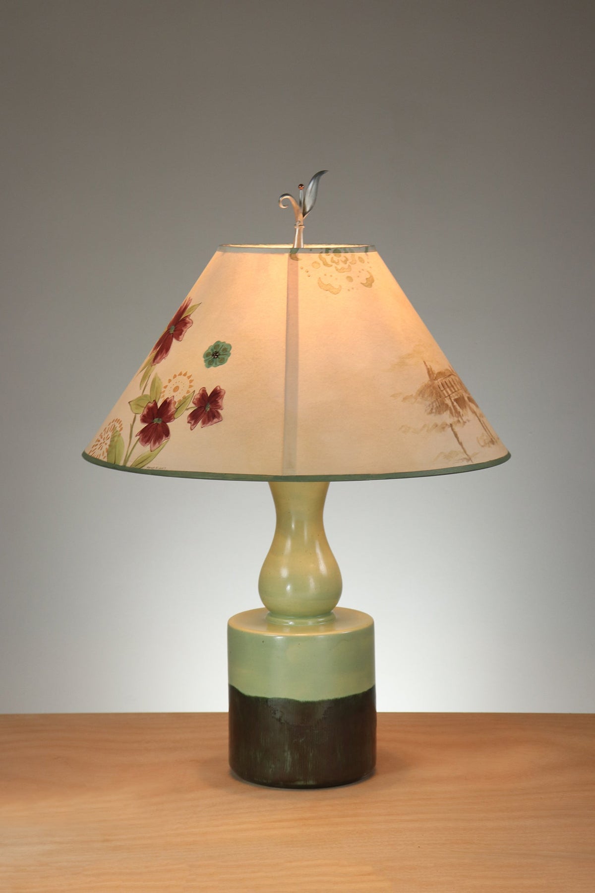 Janna Ugone &amp; Co Leaf Green Ceramic Table Lamp with Large Conical Shade in Summer Meadow in Bisque