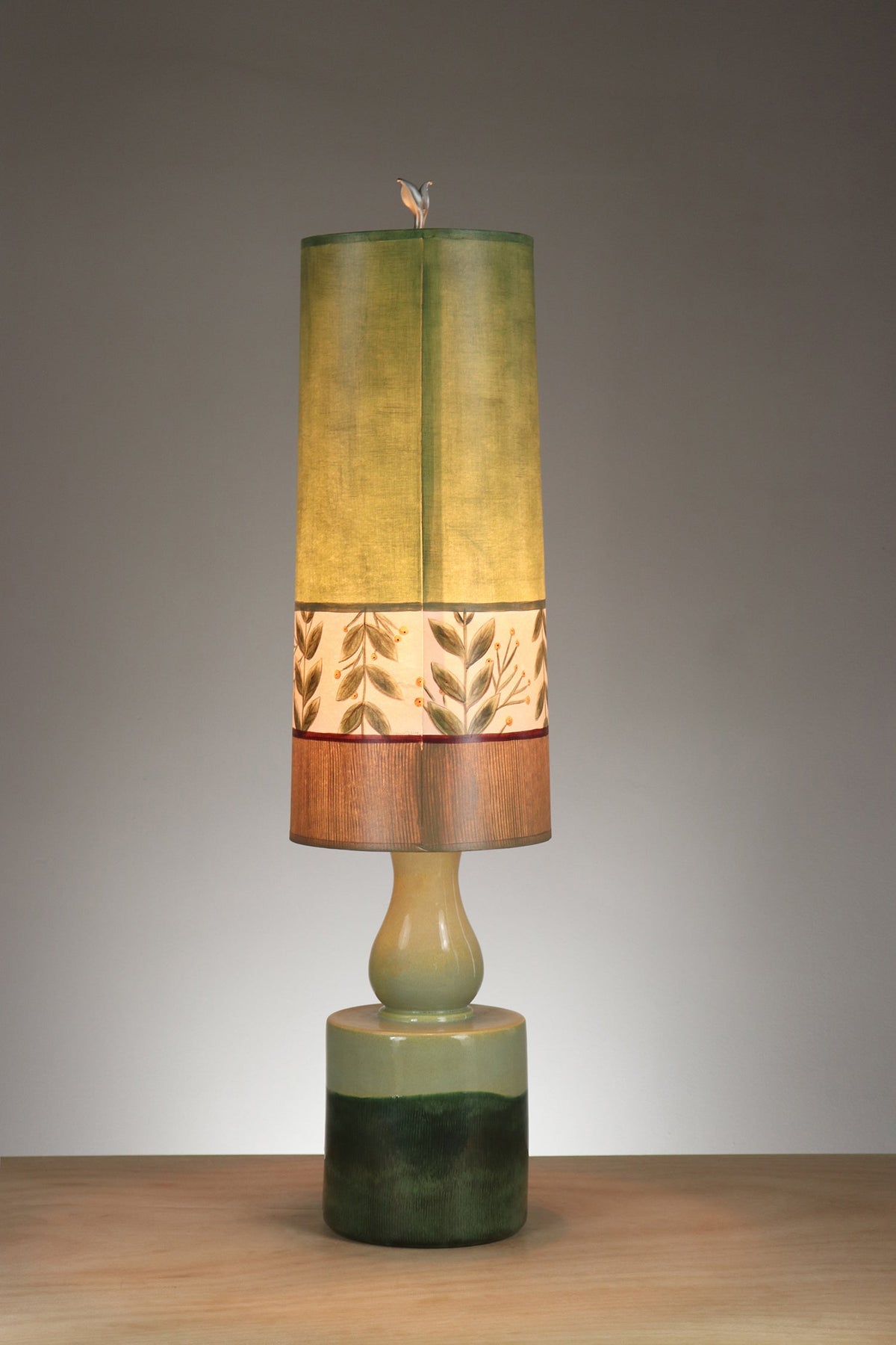 Janna Ugone &amp; Co Leaf Green Ceramic Table Lamp with Large Tube Shade in Spring Medley in Apple